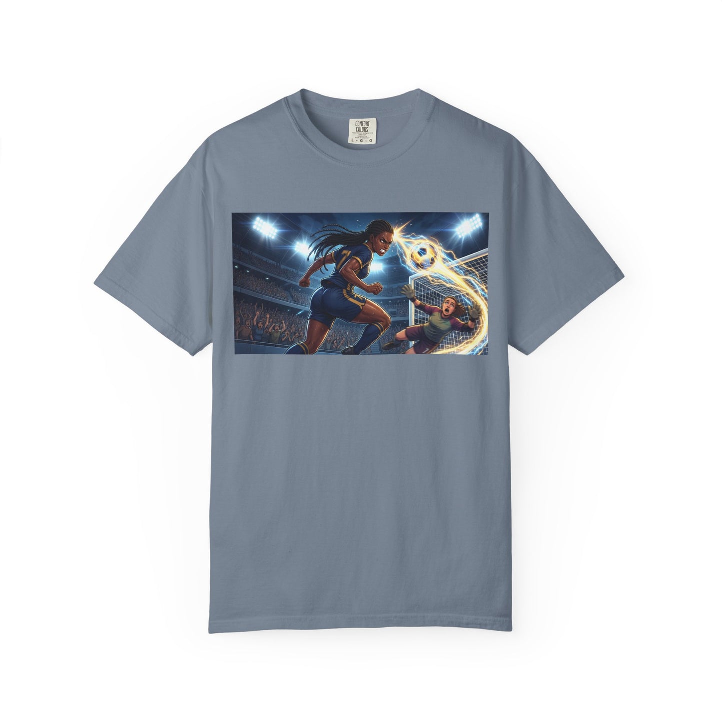 Soccer Duel Graphic T-Shirt — Futuristic Goalkeeper vs Striker Stadium Print