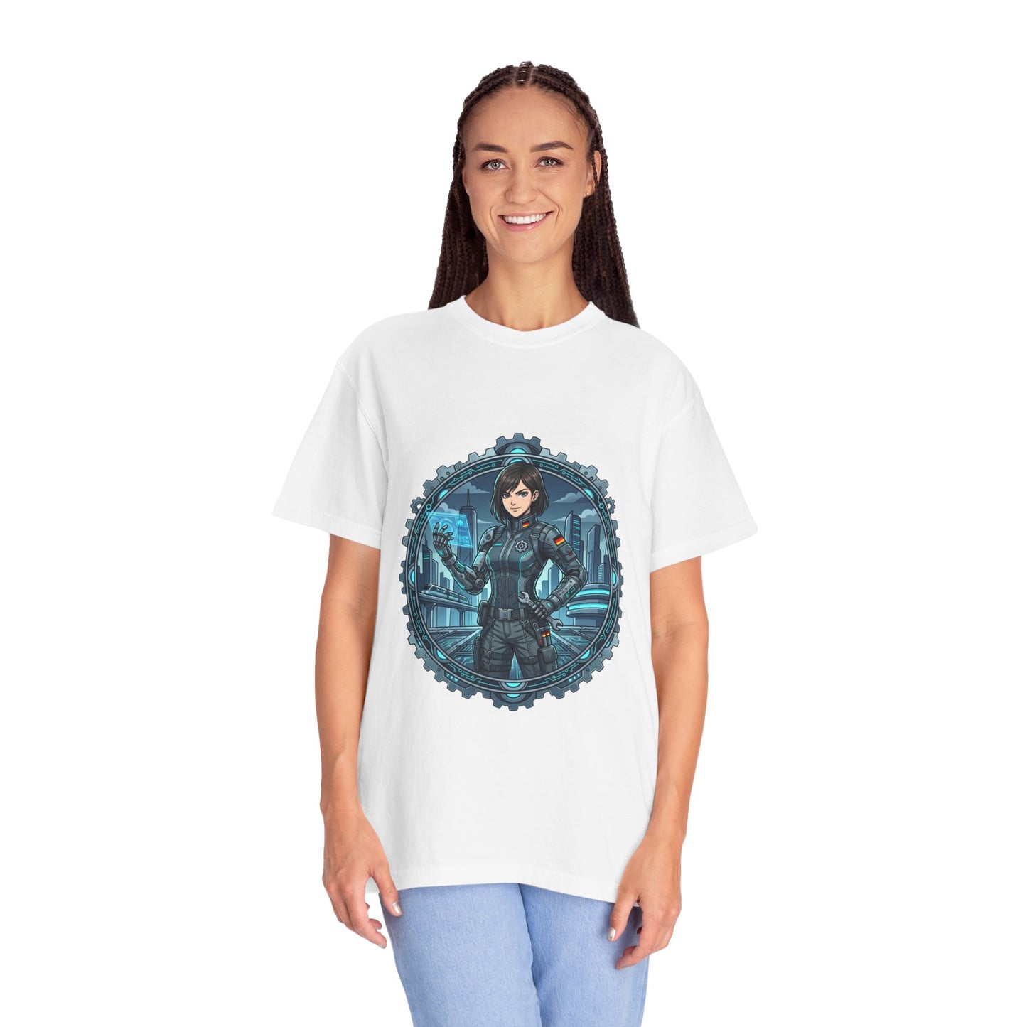 Cyber Ninja Graphic T-Shirt — Futuristic Female Warrior Illustration