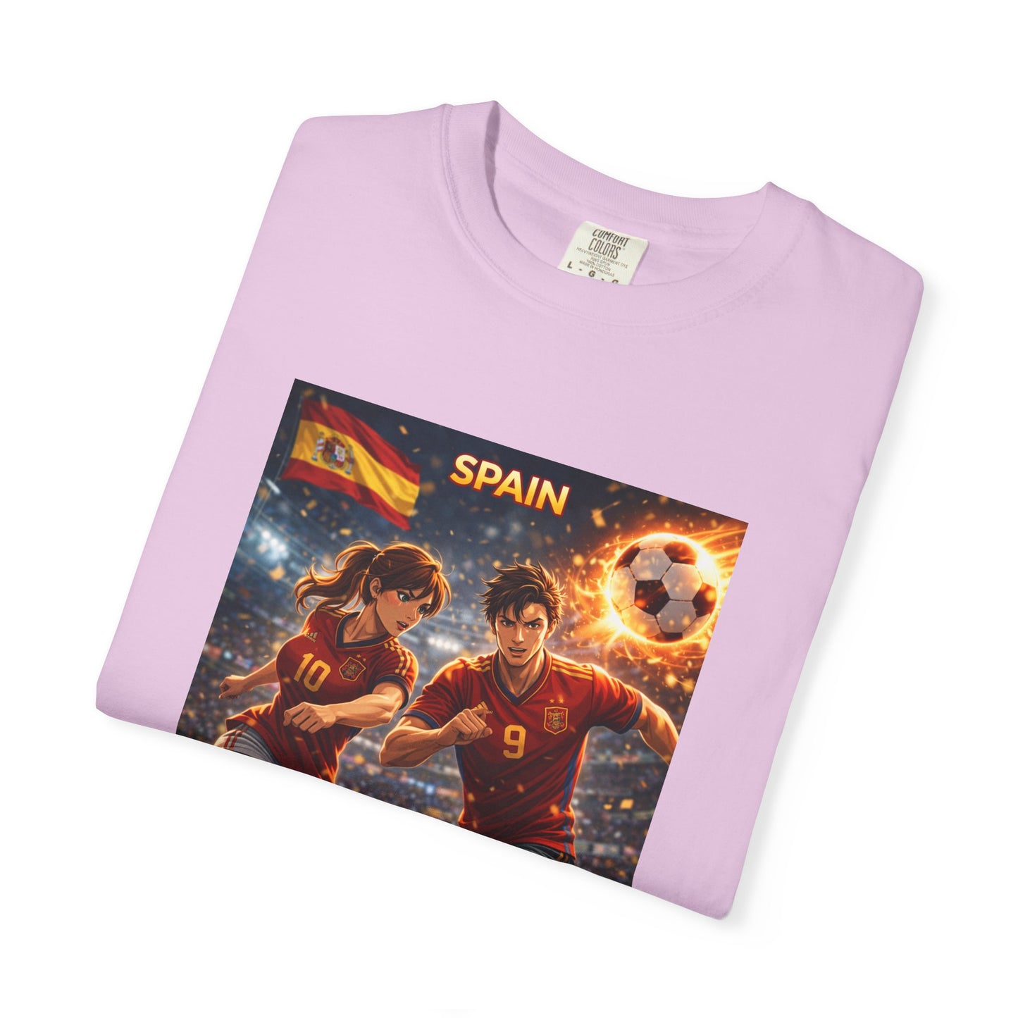 Spain Soccer Graphic T-Shirt — Retro Match Scene with Flag