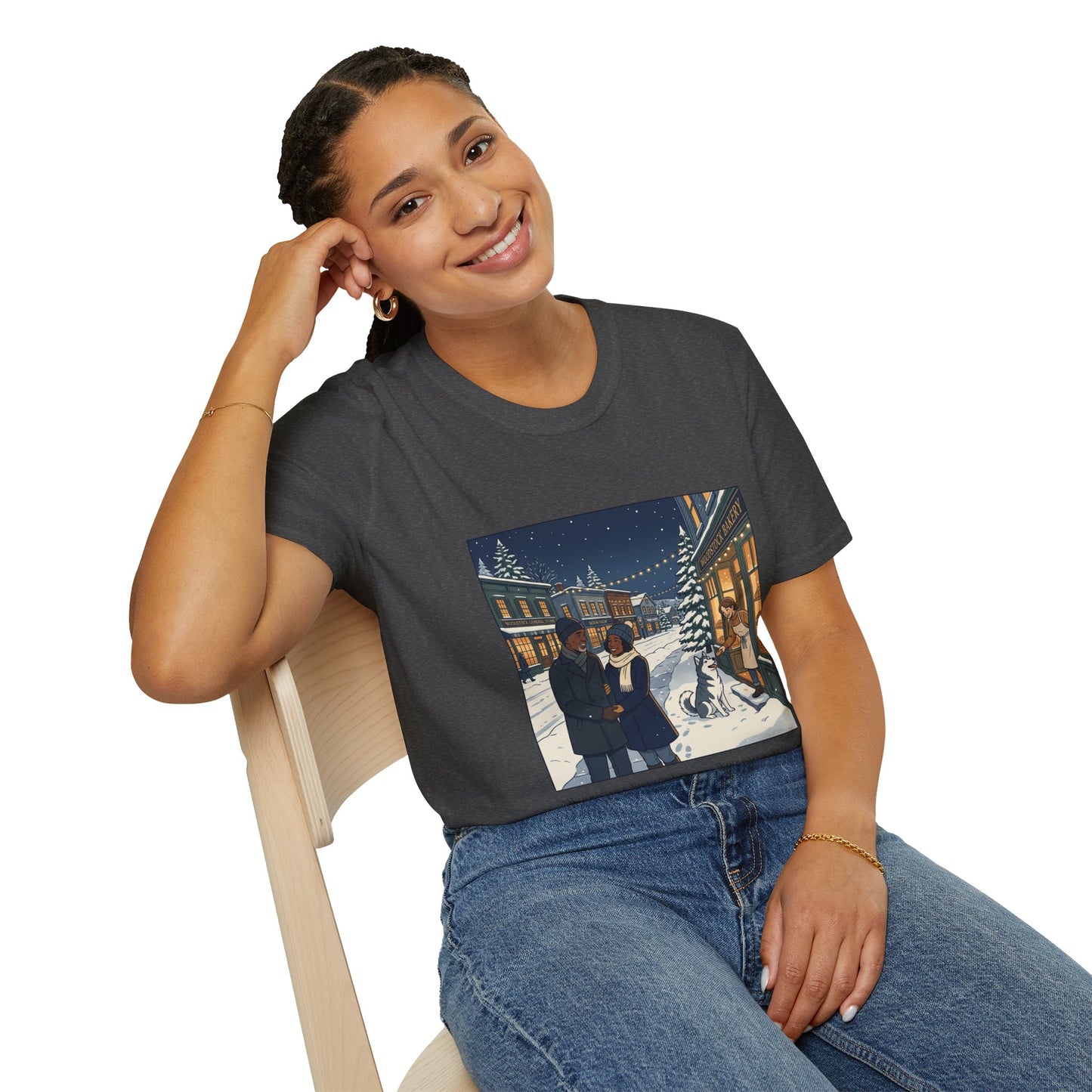 Winter String Lights Stroll T-Shirt — Cozy Holiday Street Scene Graphic Tee