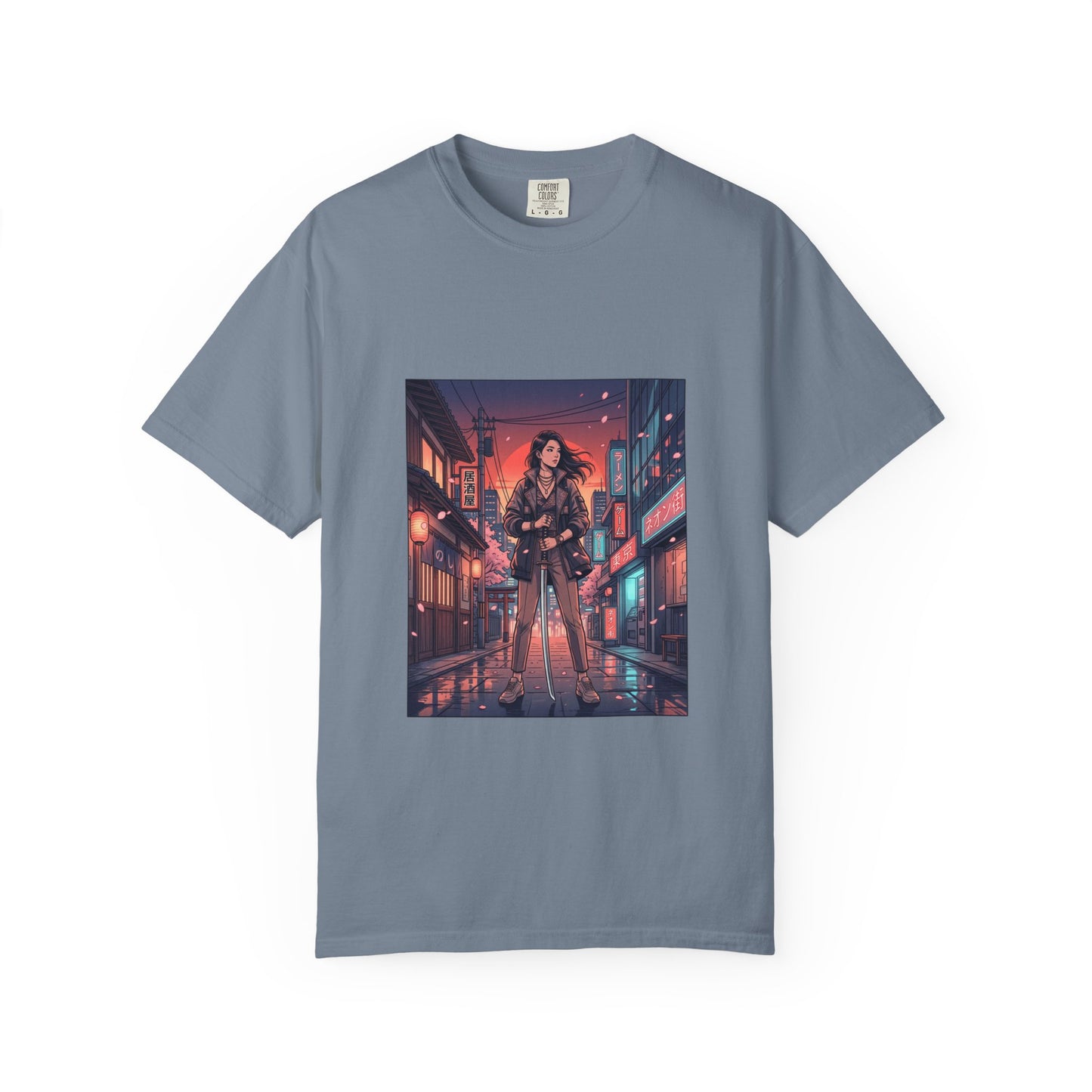 Cyberpunk Night Streets T‑Shirt — Neon Samurai Girl Graphic Tee
