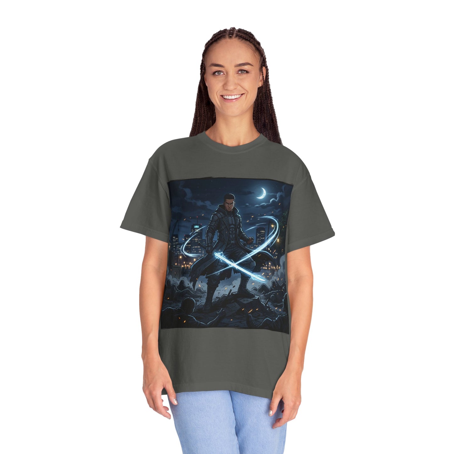 Urban Night Warrior T-Shirt — Neon Samurai Cityscape