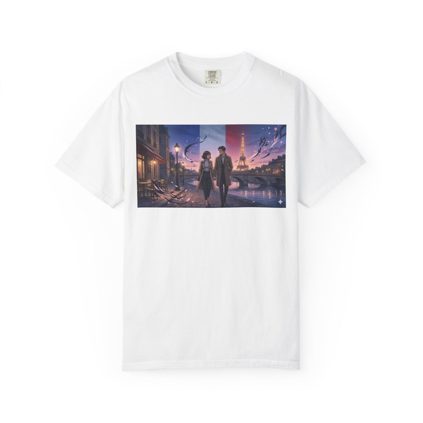 Couple Walking, Eiffel Tower - T-Shirt — Romantic Paris Nightscape Graphic Tee