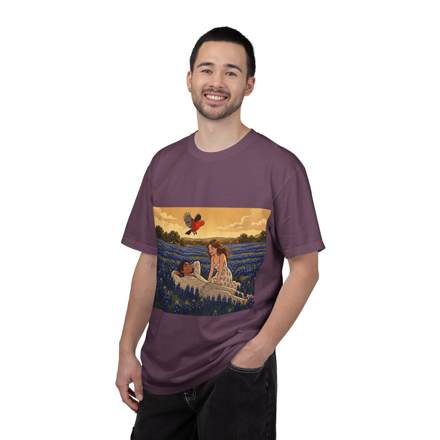 Romantic Bluebonnet Field T-Shirt — Couple in Wildflower Meadow Art Tee