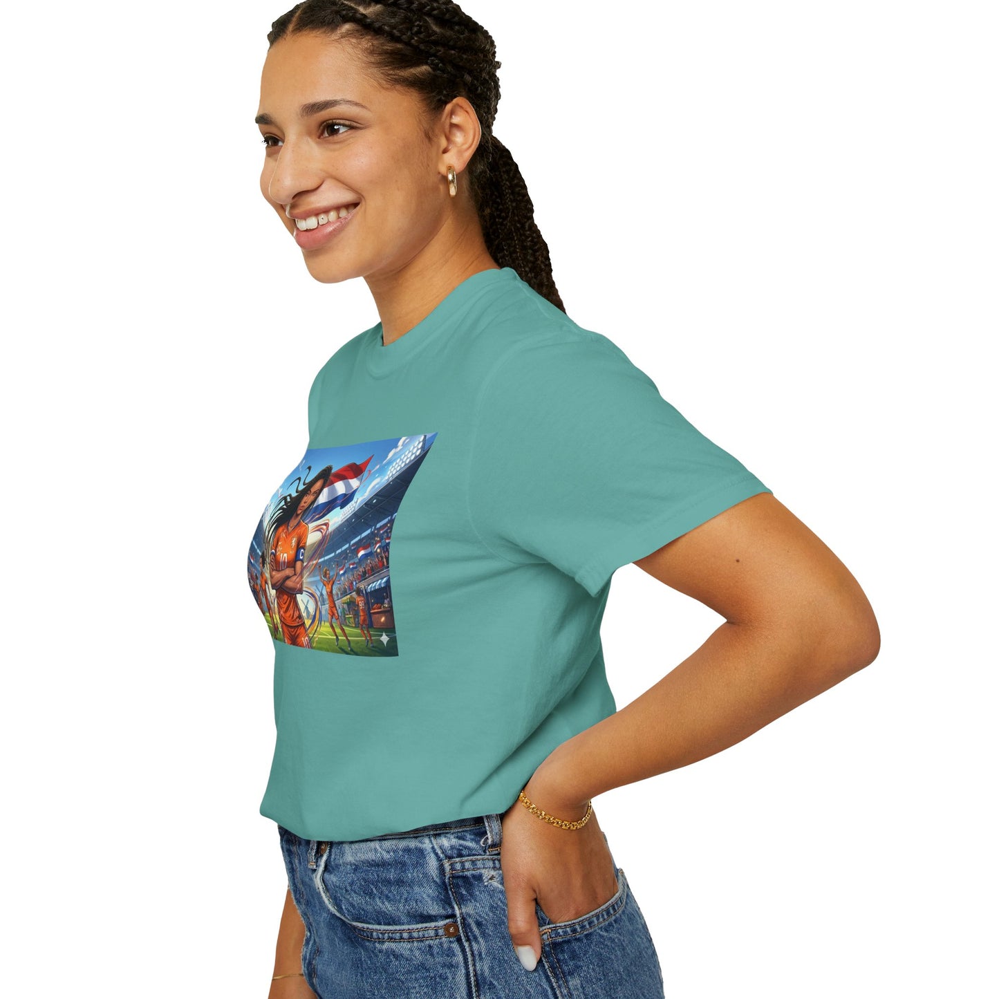 Soccer Warrior T-Shirt — Netherlands Female Captain with Flag Stadium Graphic