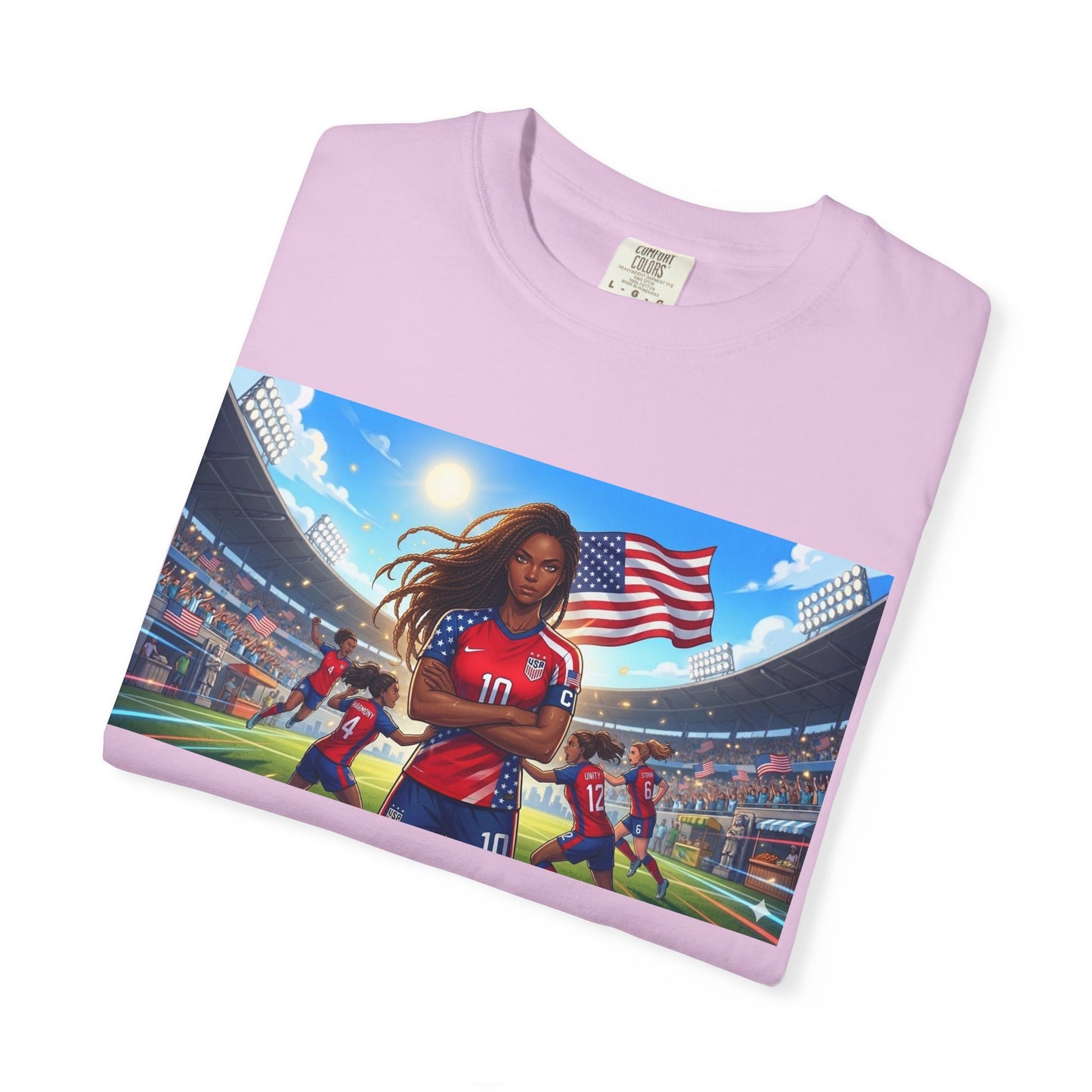 Soccer Mom USA T-Shirt — Female Soccer Player with American Flag Stadium Graphic