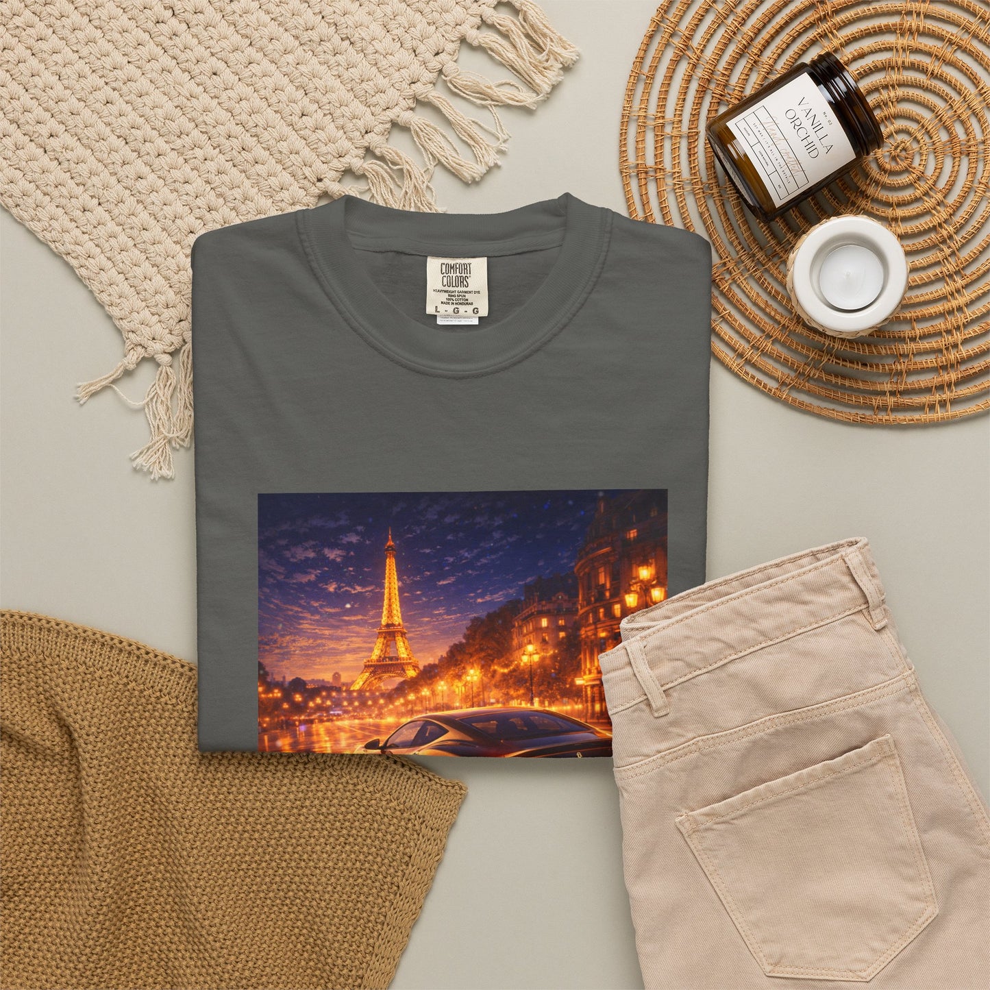 Paris Night Drive T-Shirt — Sports Car in Rainy Cityscape