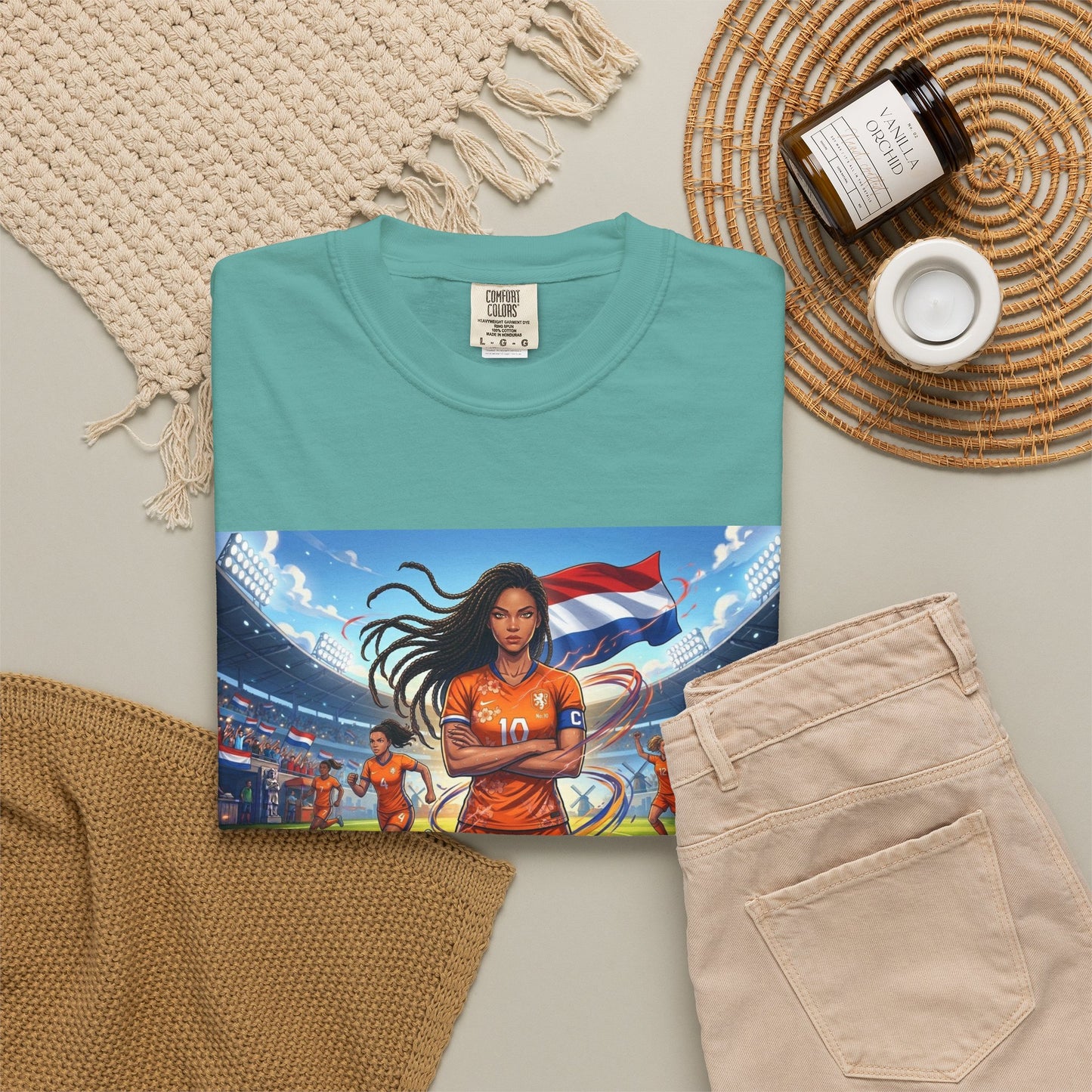 Soccer Warrior T-Shirt — Netherlands Female Captain with Flag Stadium Graphic