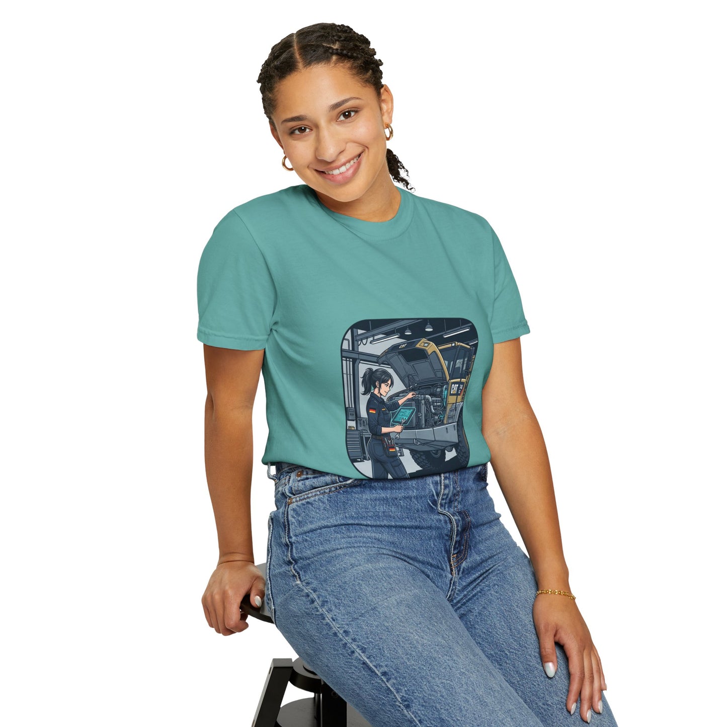 Mechanic Garage Scene T-Shirt — Vintage Truck Repair Illustration