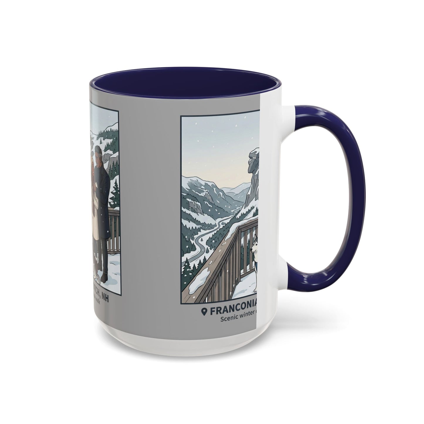 Franconia Notch Scenic Winter Mug — Couples & Dog Snowy Overlook Coffee Cup (11/15oz)