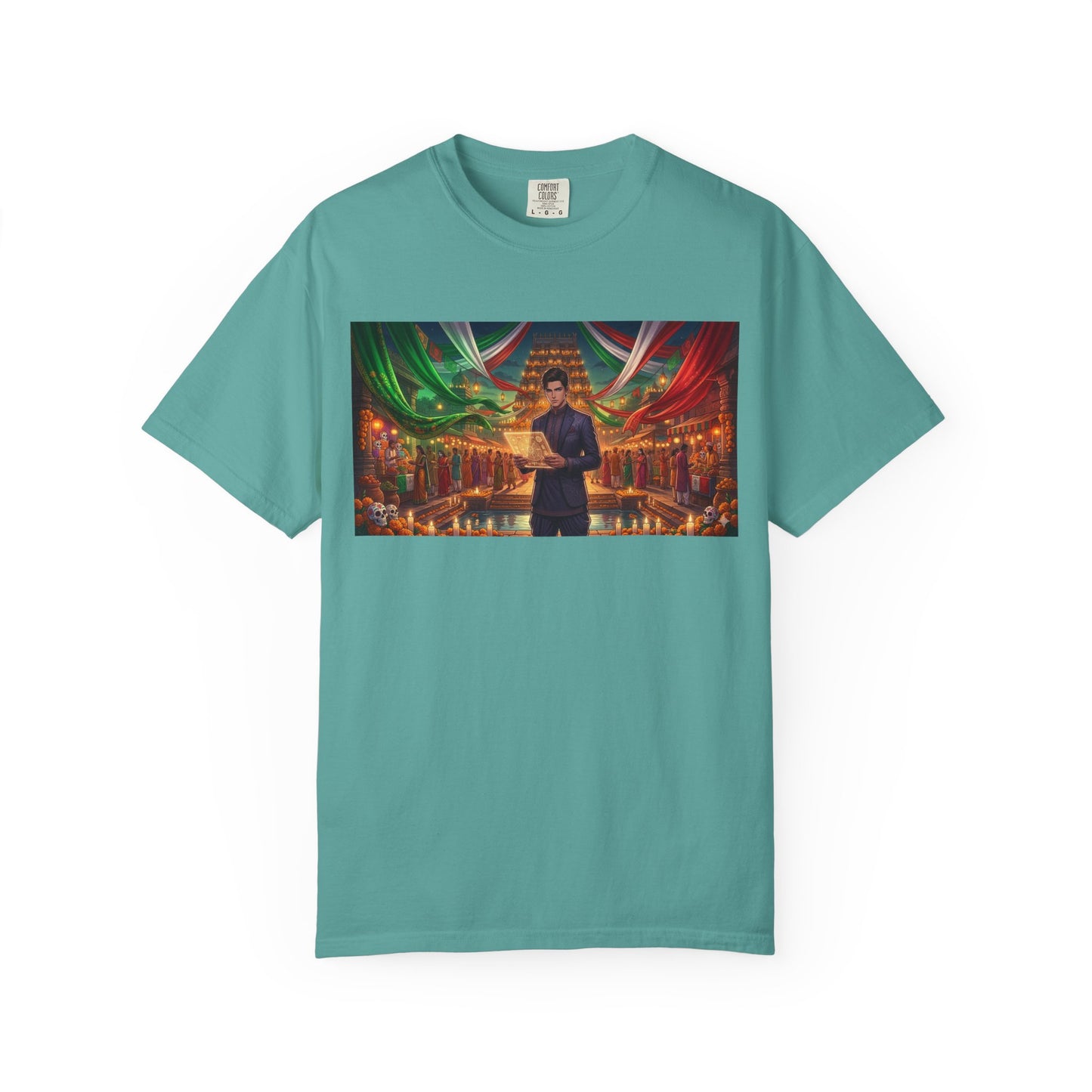 T-Shirt — Dragon Temple Night Scene Graphic Tee (Monk with Dragons)