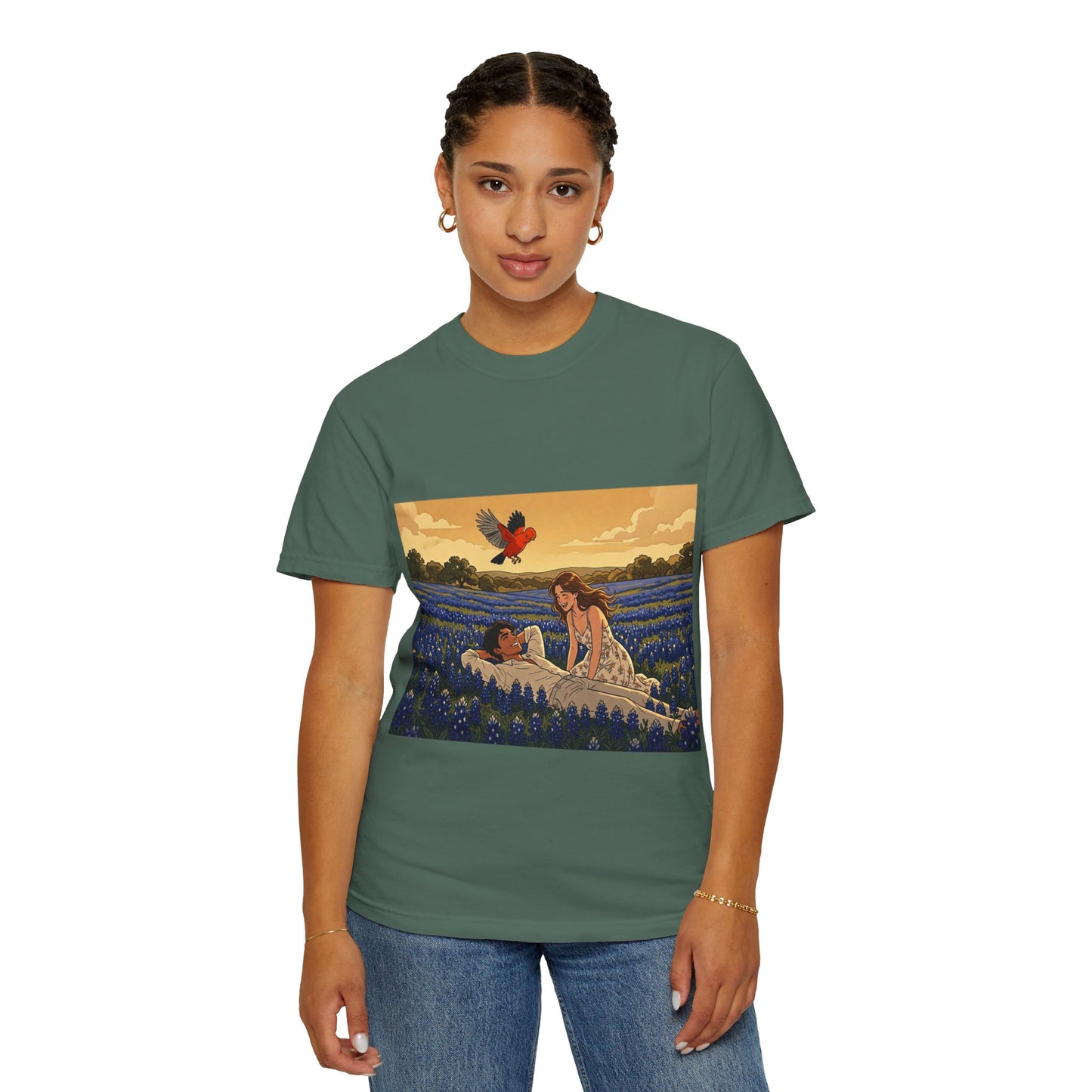 Romantic Bluebonnet Field T-Shirt — Couple in Wildflower Meadow Art Tee
