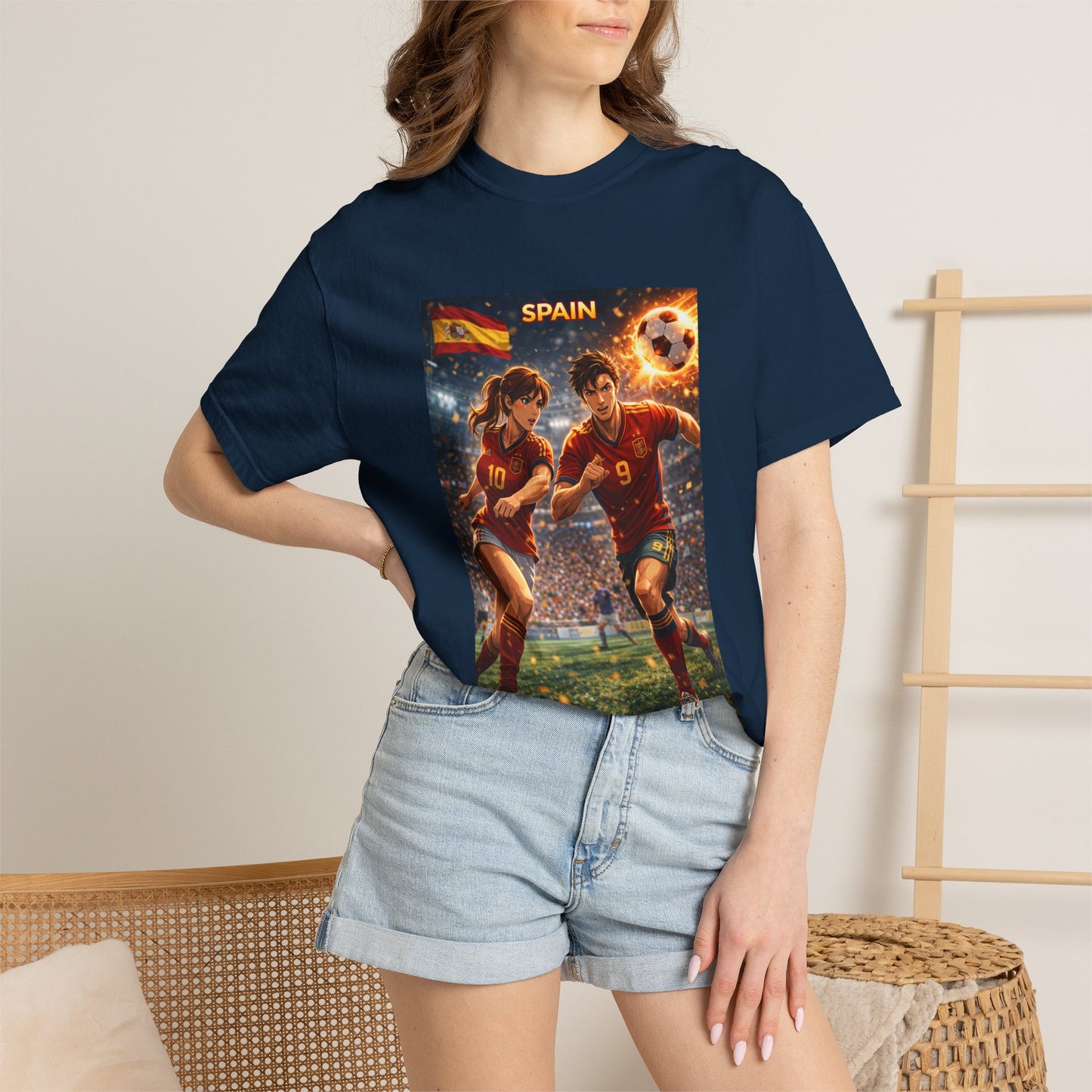 Spain Soccer Graphic T-Shirt — Retro Match Scene with Flag