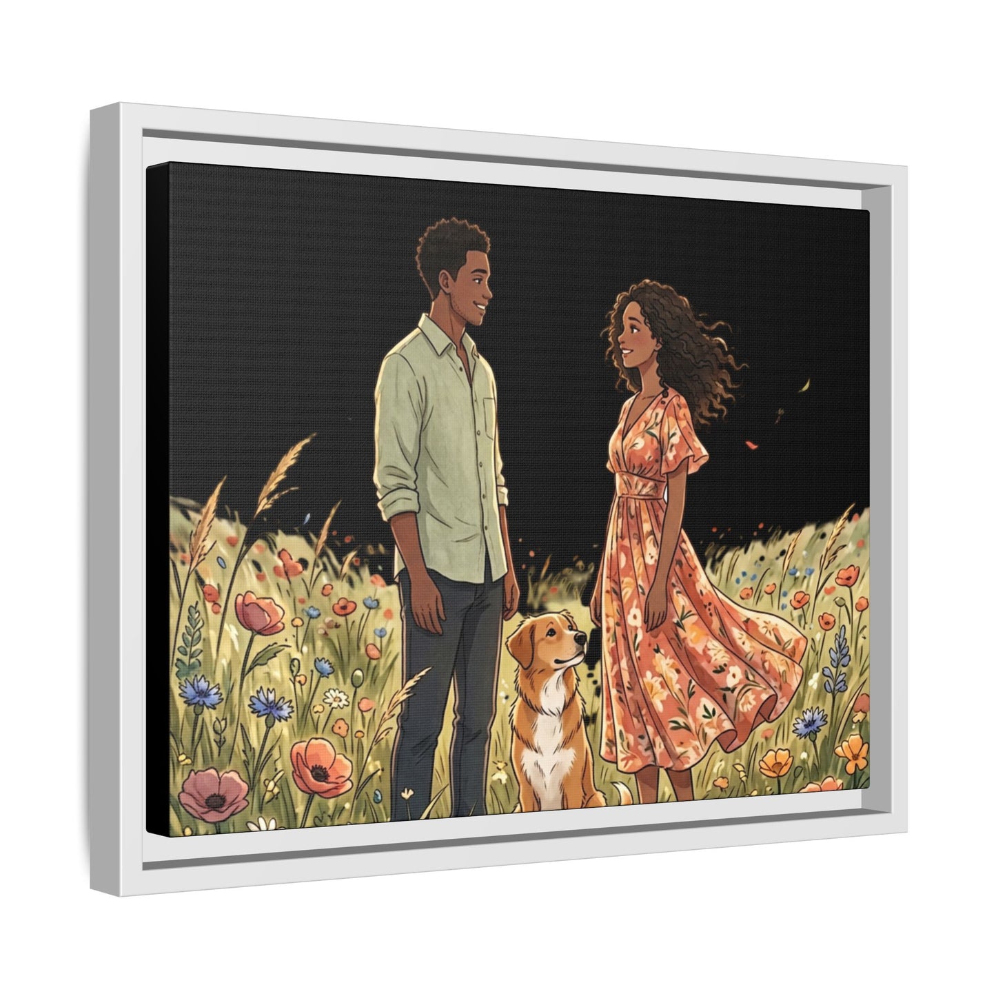 Framed Matte Canvas Print — Romantic Couple in Wildflower Field (Multi‑Color)