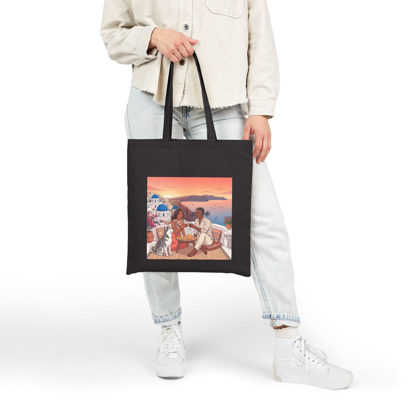Santorini Sunset Beach Tote — Romantic Couple & Dog Canvas Bag