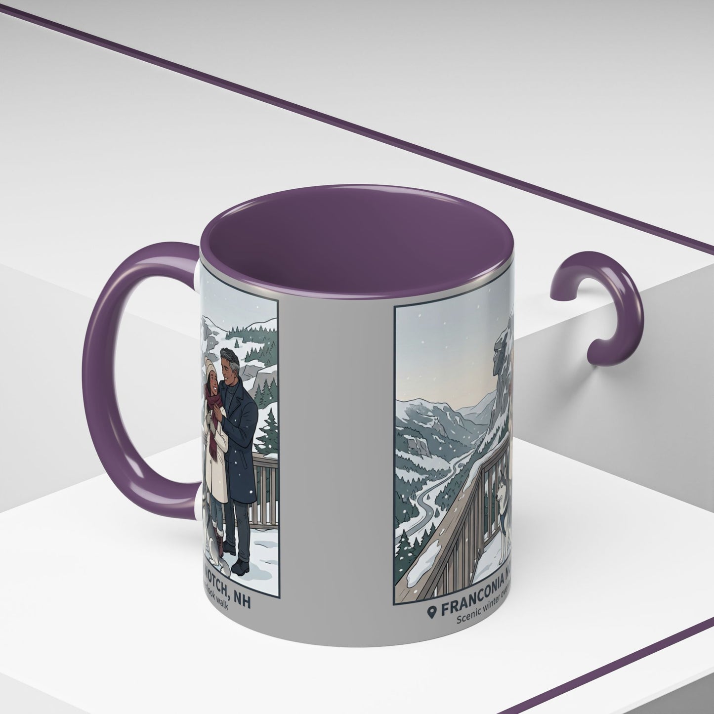 Franconia Notch Scenic Winter Mug — Couples & Dog Snowy Overlook Coffee Cup (11/15oz)