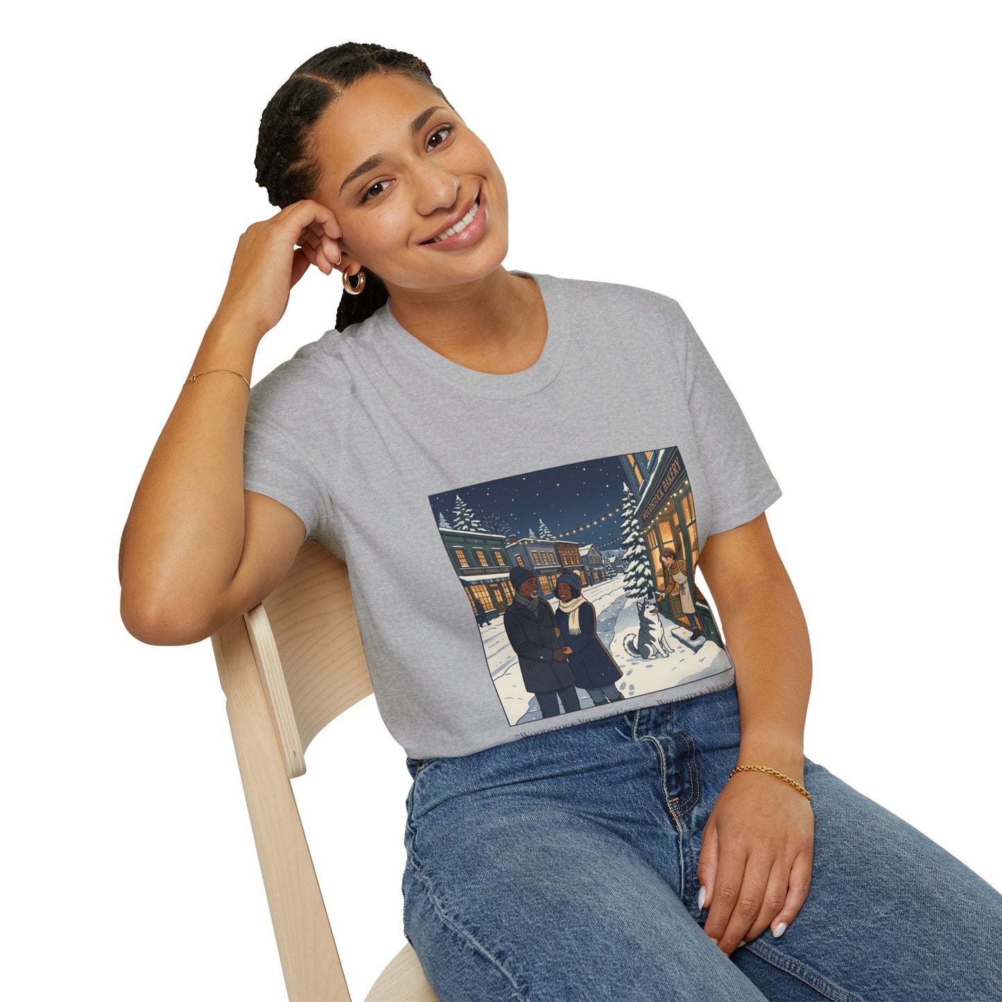 Winter String Lights Stroll T-Shirt — Cozy Holiday Street Scene Graphic Tee