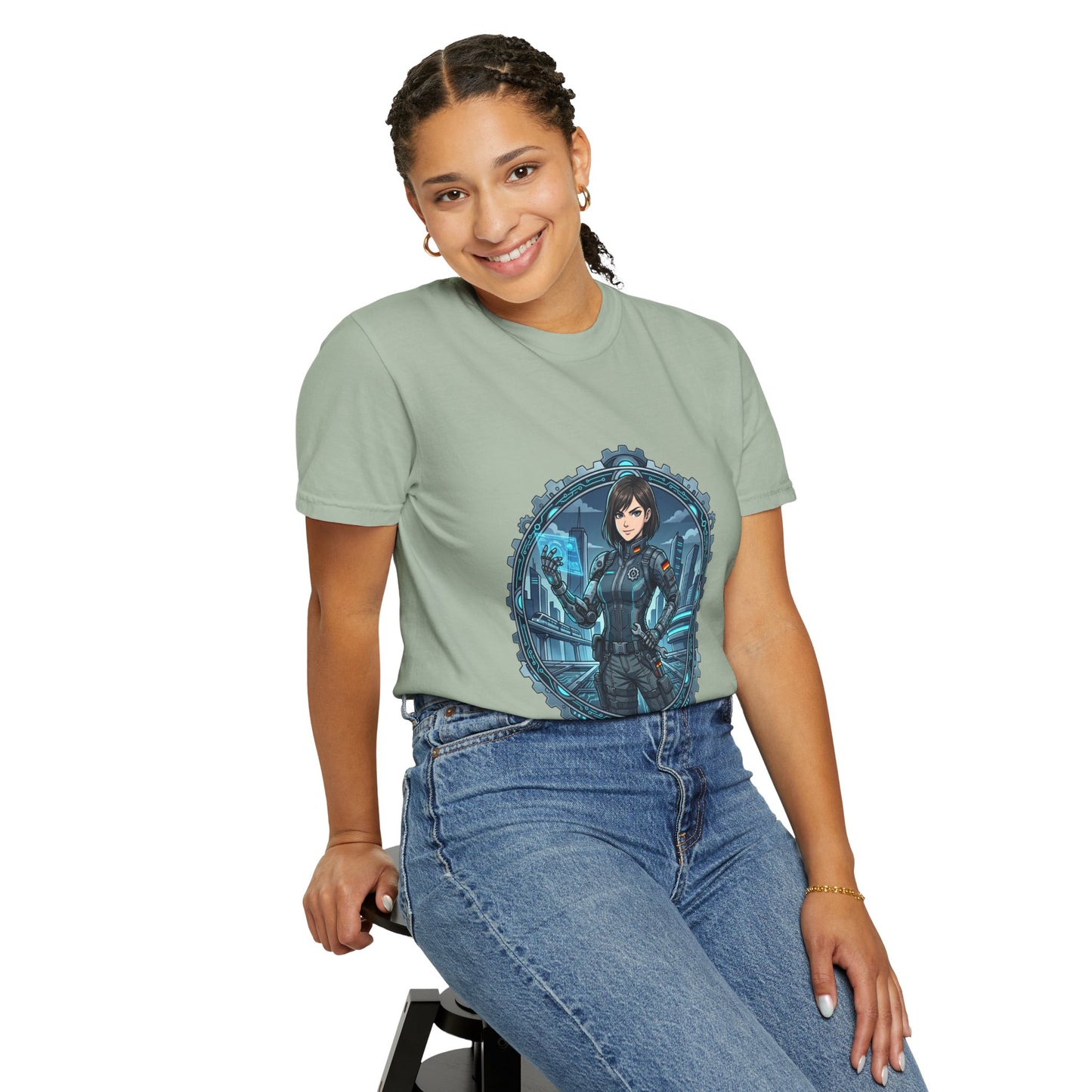Cyber Ninja Graphic T-Shirt — Futuristic Female Warrior Illustration