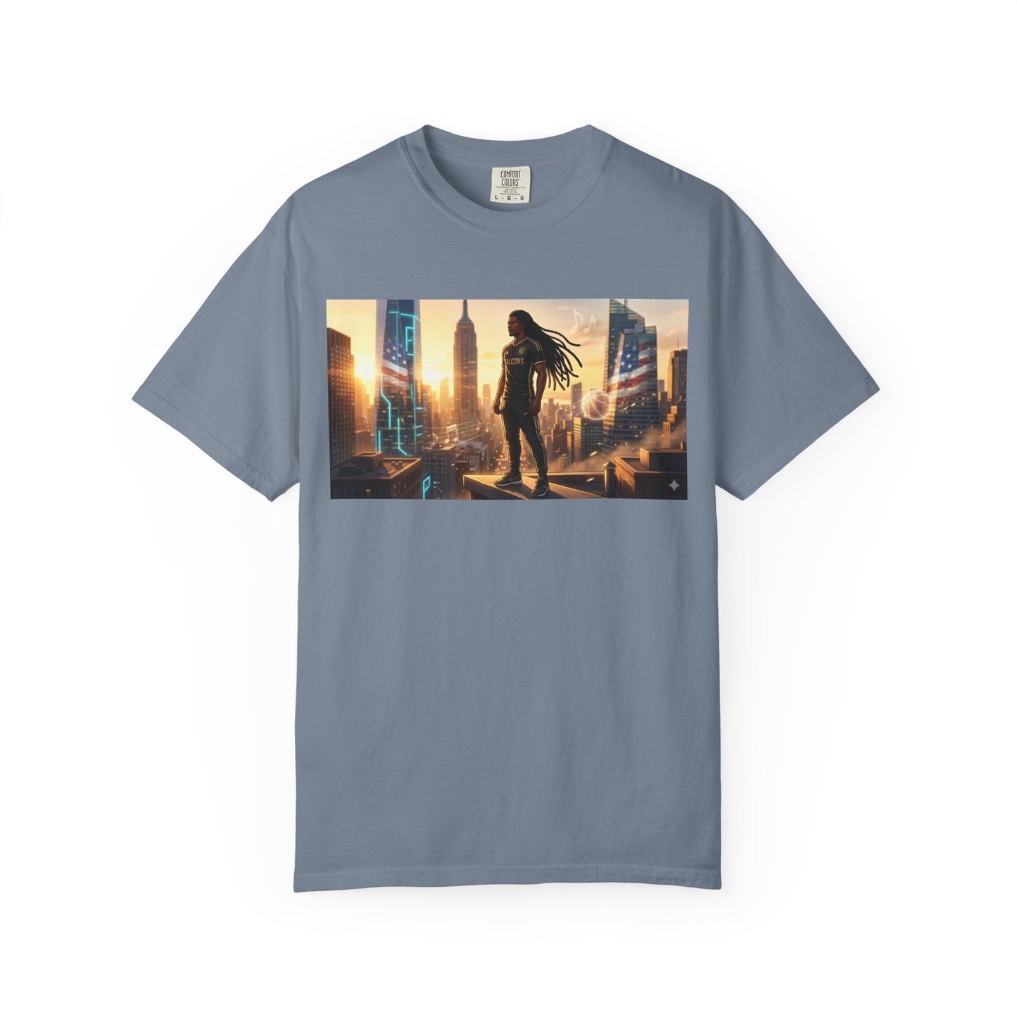 Cyberpunk Cityscape T-Shirt — Silhouette Hero at Sunset