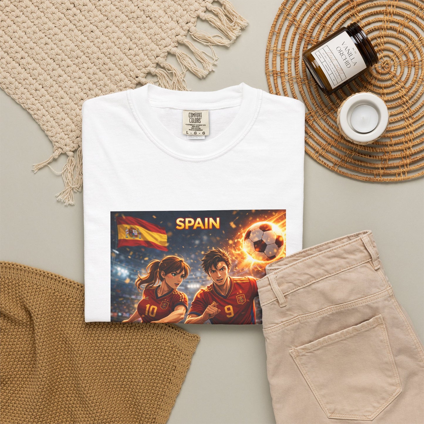 Spain Soccer Graphic T-Shirt — Retro Match Scene with Flag