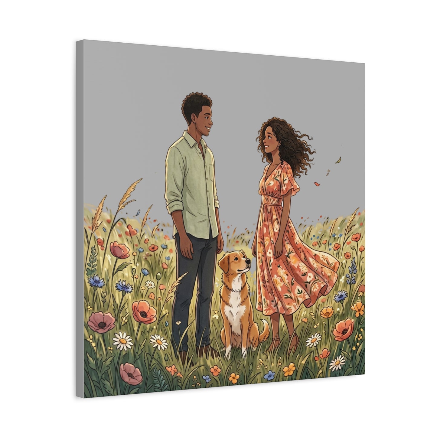 Romantic Couple in Wildflower Field Canvas Art — Black Love Wall Decor with Dog