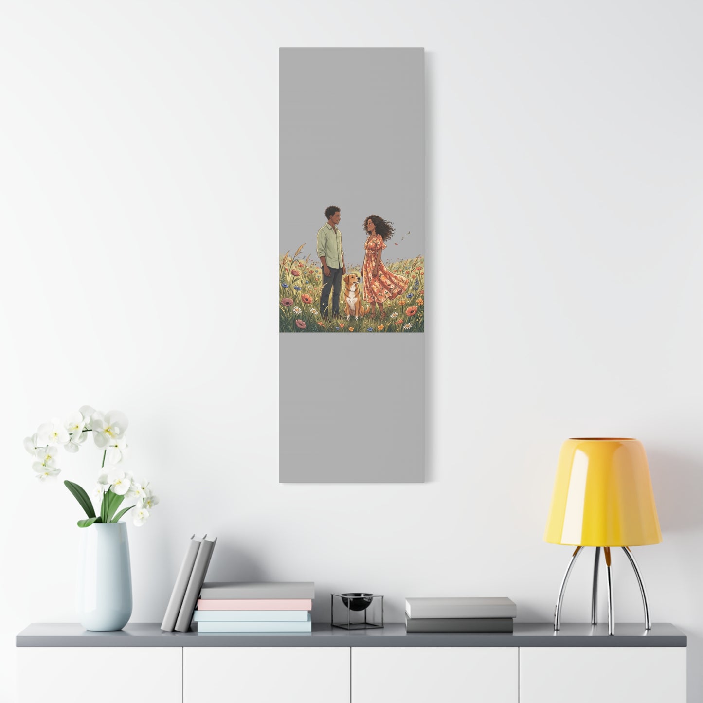 Romantic Couple in Wildflower Field Canvas Art — Black Love Wall Decor with Dog