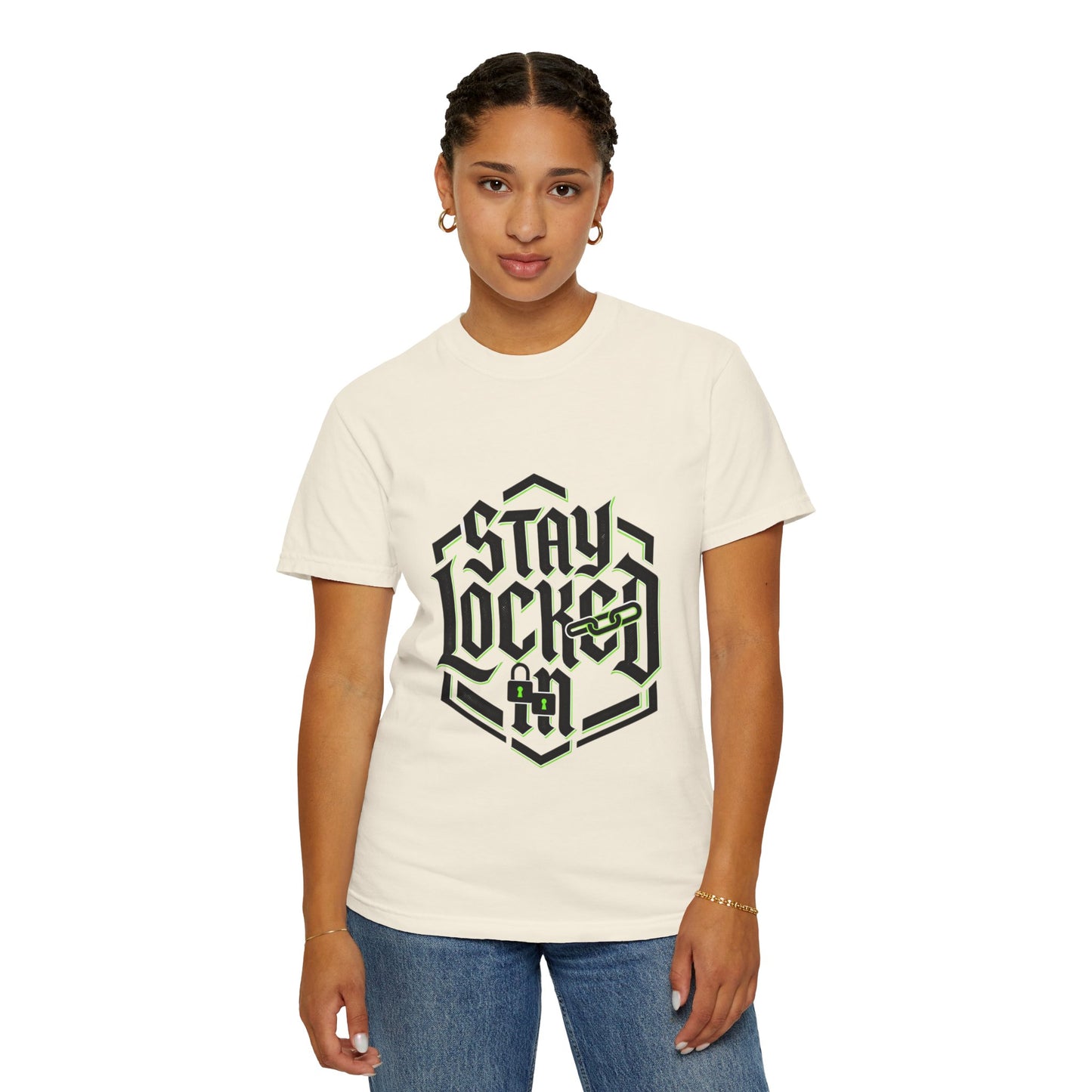 Stay Locked In T-Shirt — Bold Gothic Logo Tee