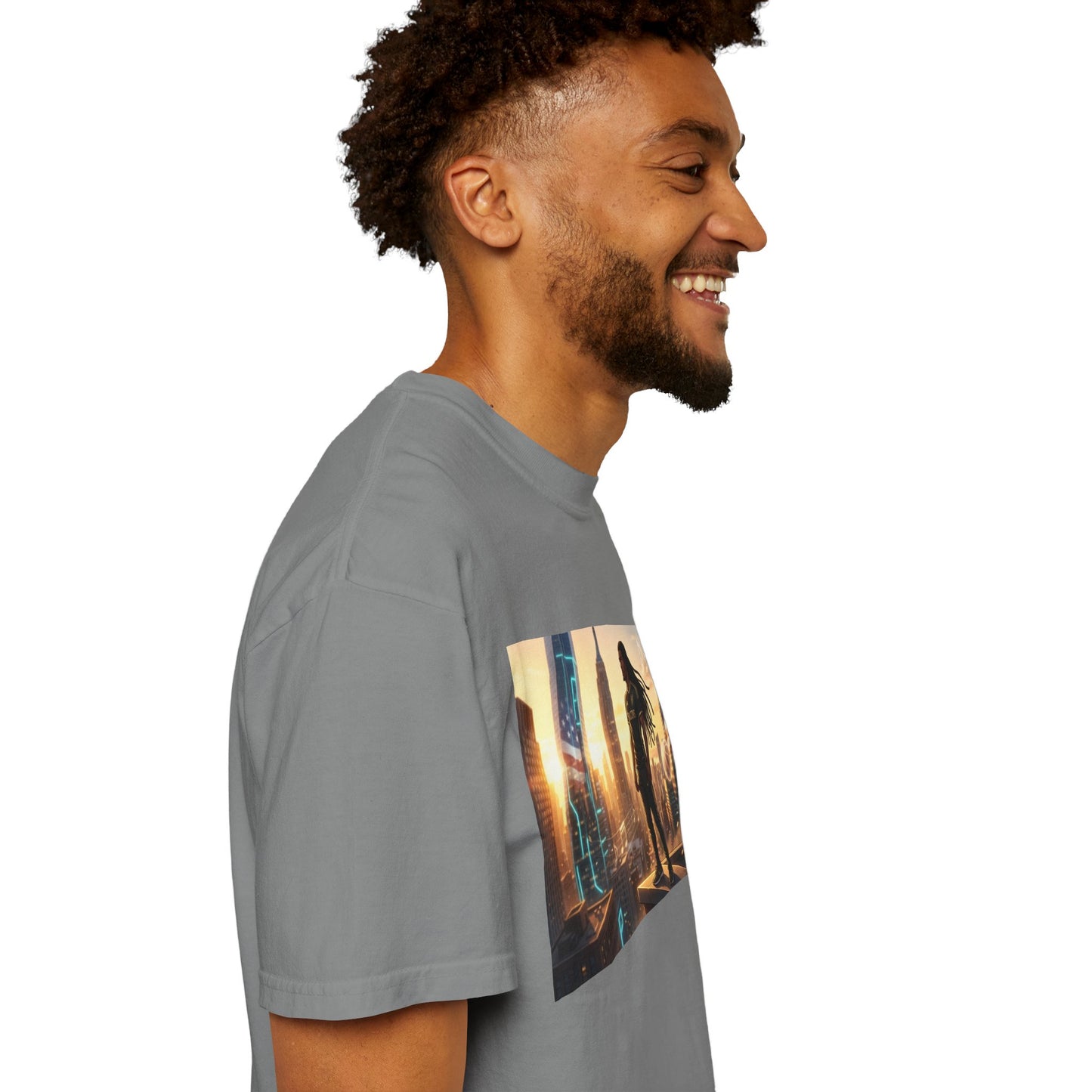 Cyberpunk Cityscape T-Shirt — Silhouette Hero at Sunset