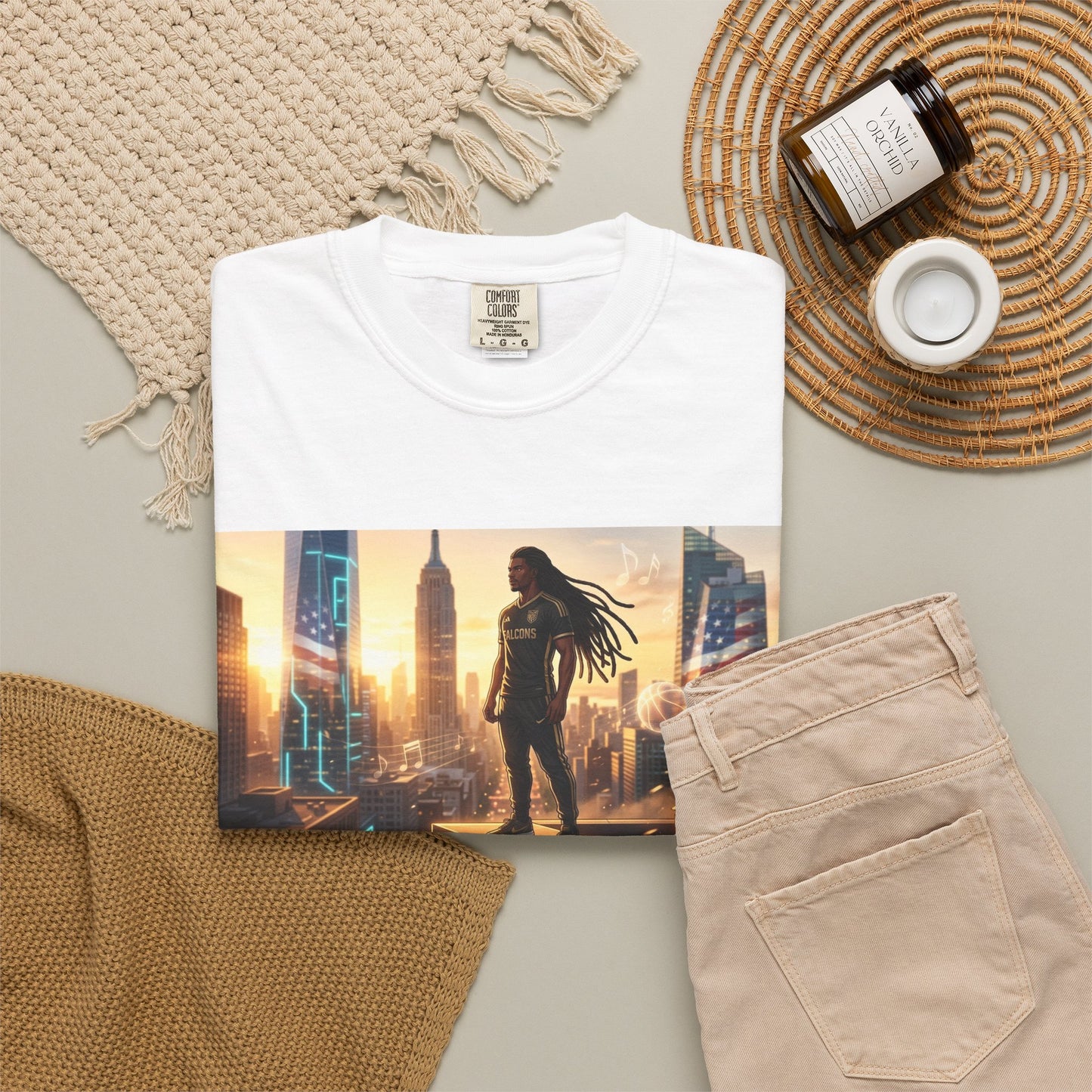 Cyberpunk Cityscape T-Shirt — Silhouette Hero at Sunset