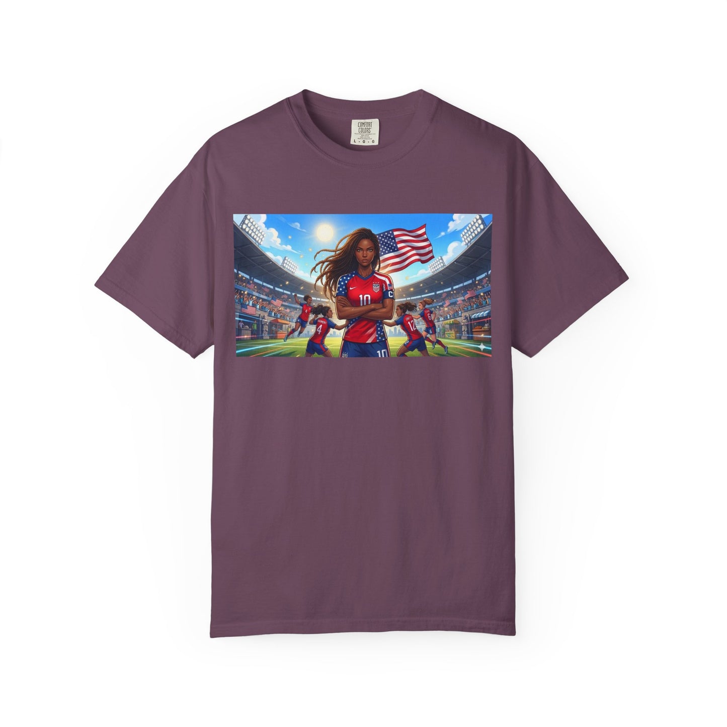 Soccer Mom USA T-Shirt — Female Soccer Player with American Flag Stadium Graphic