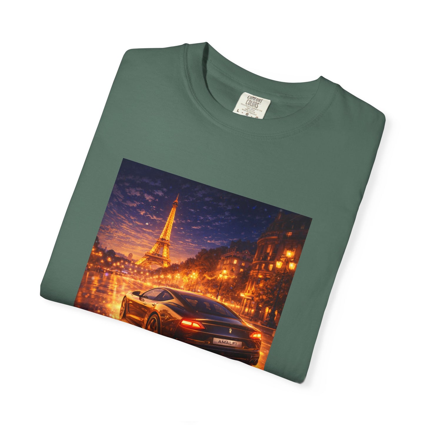 Paris Night Drive T-Shirt — Sports Car in Rainy Cityscape