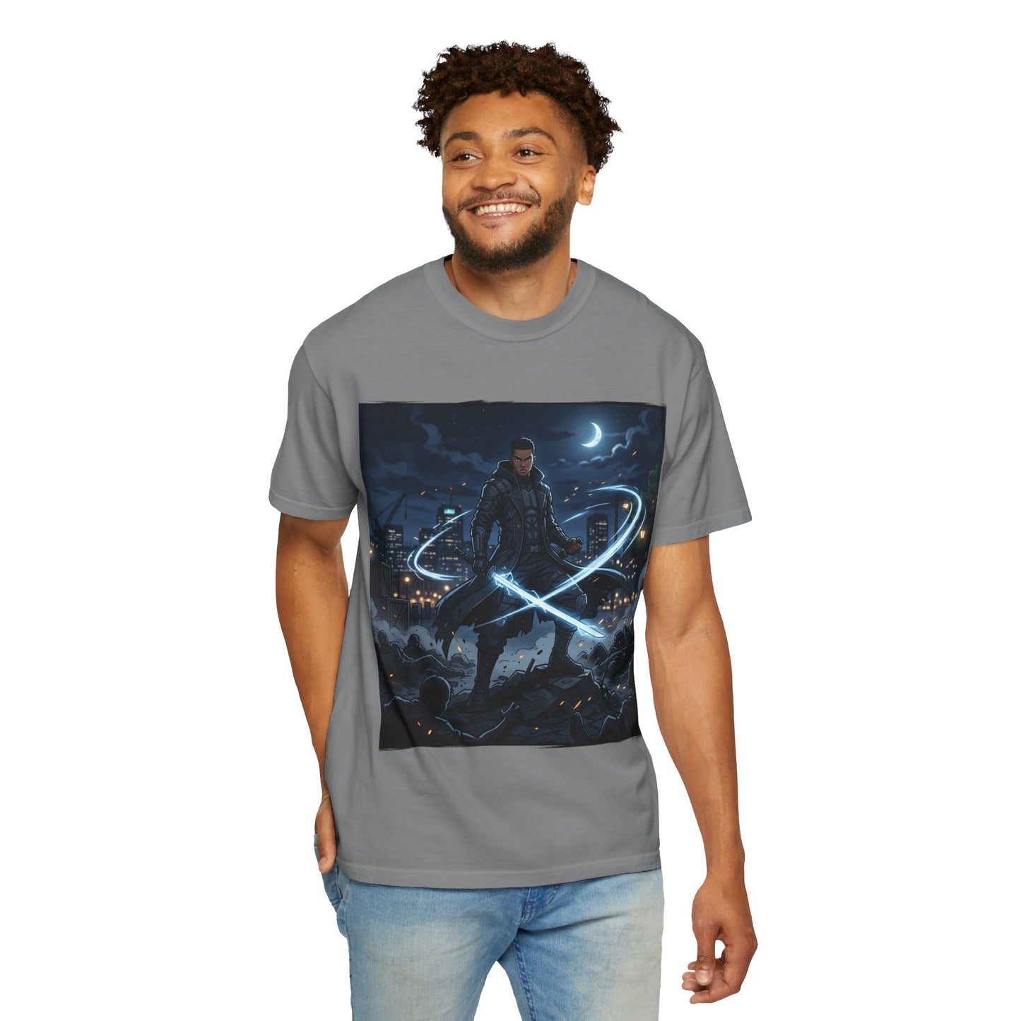 Urban Night Warrior T-Shirt — Neon Samurai Cityscape