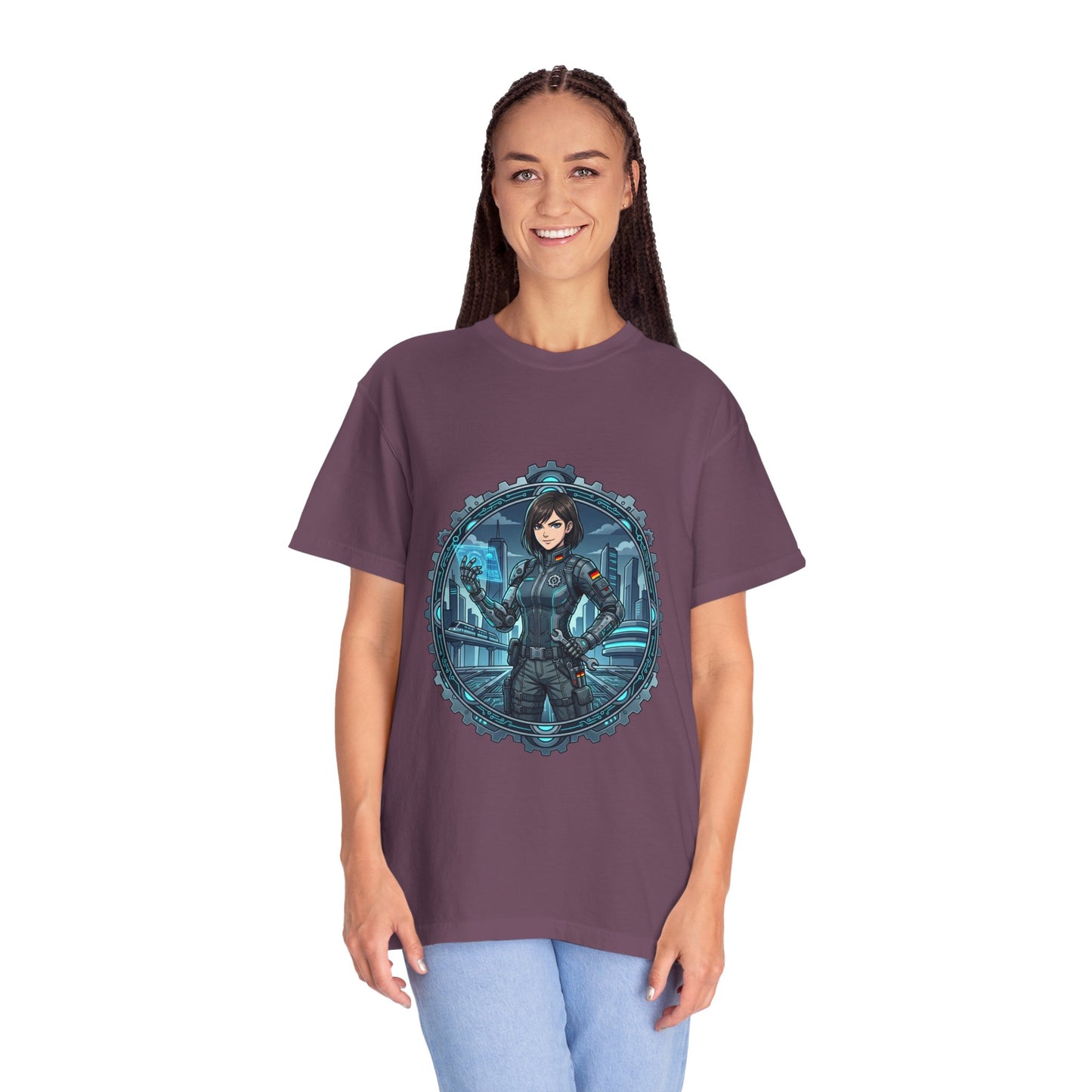 Cyber Ninja Graphic T-Shirt — Futuristic Female Warrior Illustration