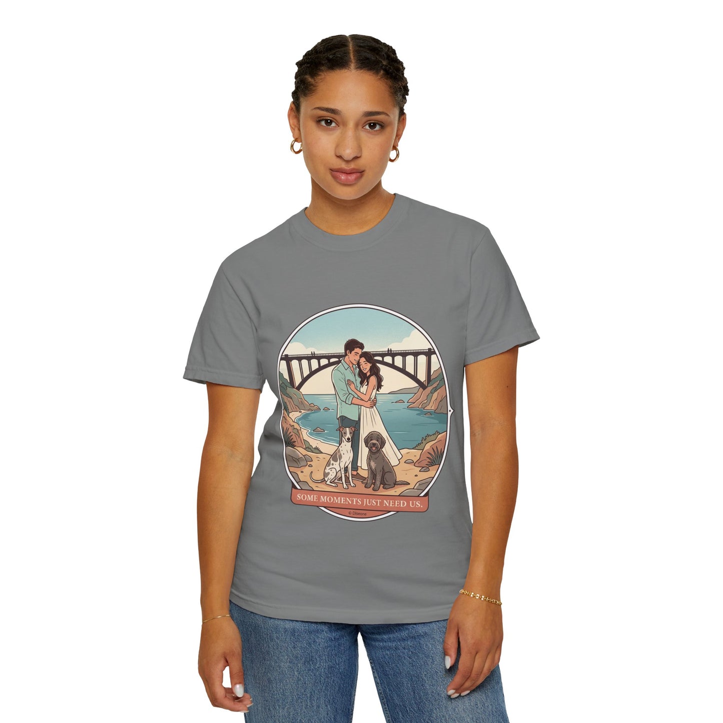 T-Shirt — Romantic Coastal Couples Tee “Some Moments Are Forever” with Dogs