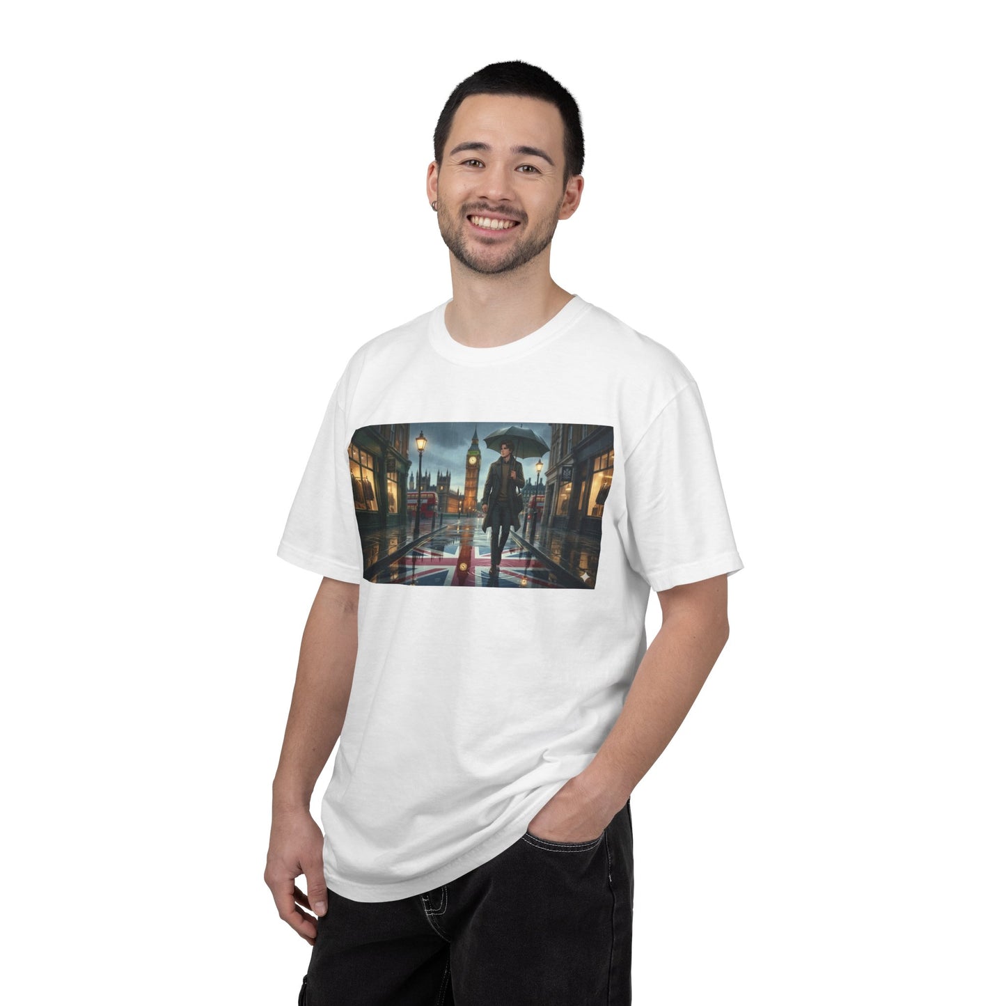 T-Shirt — Rainy London Street Scene Graphic Tee (Big Ben, Umbrella, Night Cityscape)
