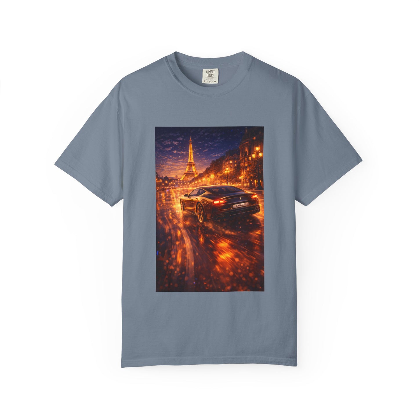 Paris Night Drive T-Shirt — Sports Car in Rainy Cityscape