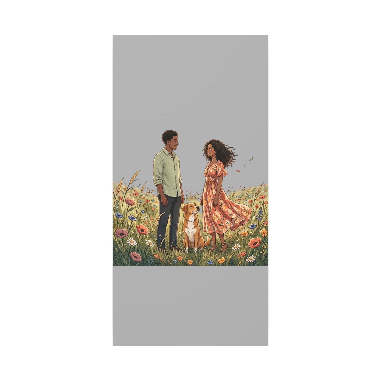 Romantic Couple in Wildflower Field Canvas Art — Black Love Wall Decor with Dog