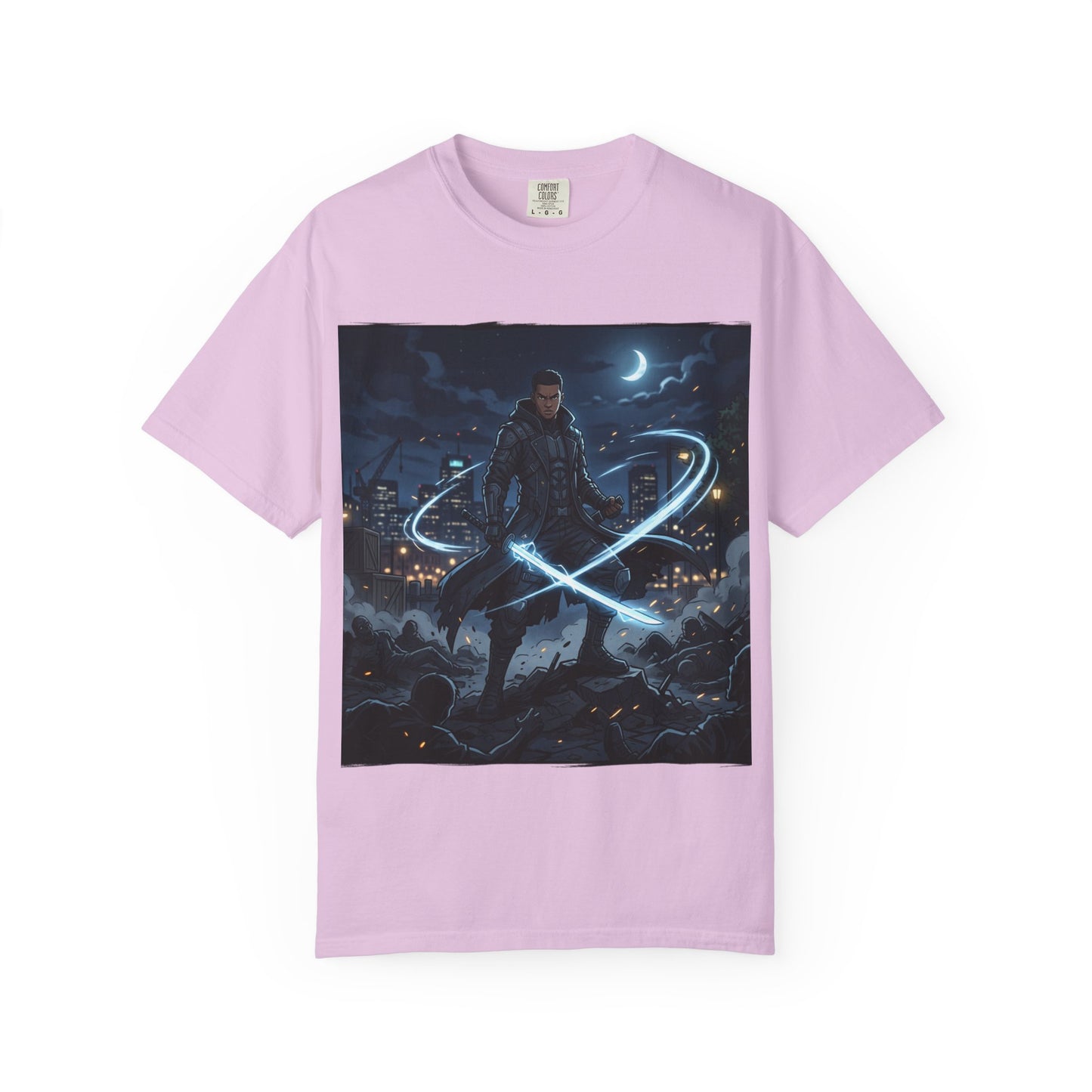 Urban Night Warrior T-Shirt — Neon Samurai Cityscape