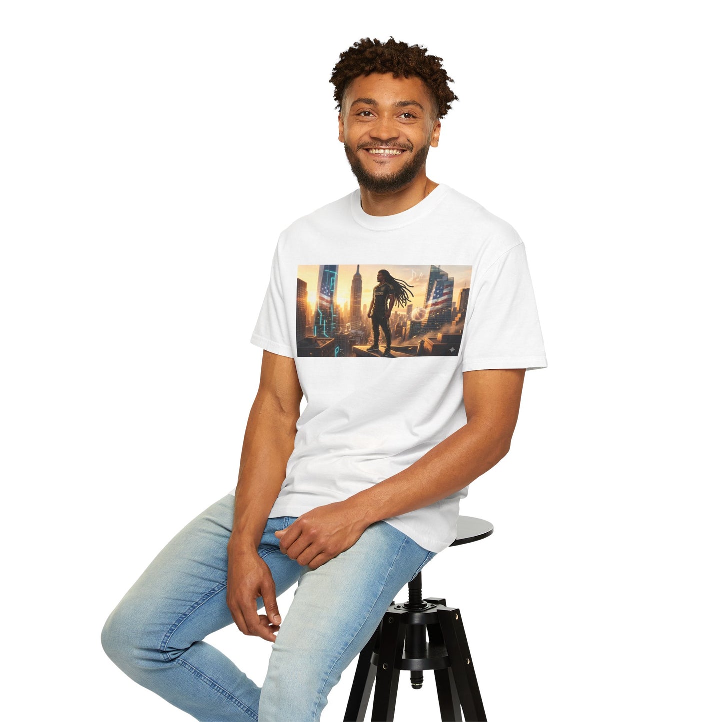 Cyberpunk Cityscape T-Shirt — Silhouette Hero at Sunset