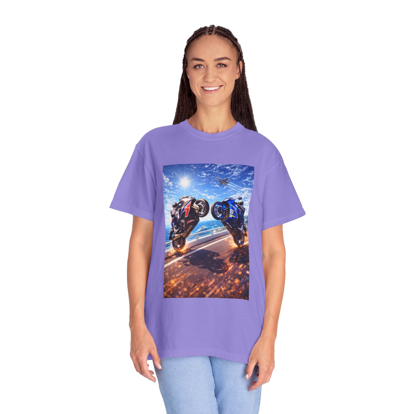 Stunt Riders Motorcycle T-Shirt — Two Bike Wheelie Racing Graphic Tee