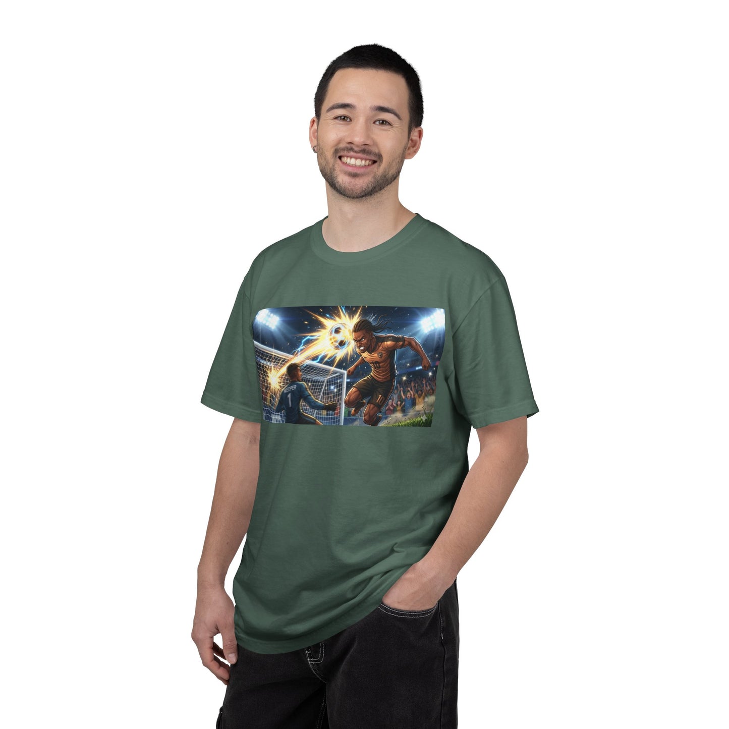 Soccer Goal Celebration T-Shirt — Action Football Scene Graphic Tee