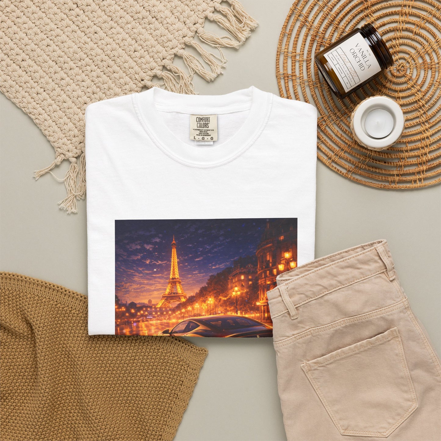Paris Night Drive T-Shirt — Sports Car in Rainy Cityscape