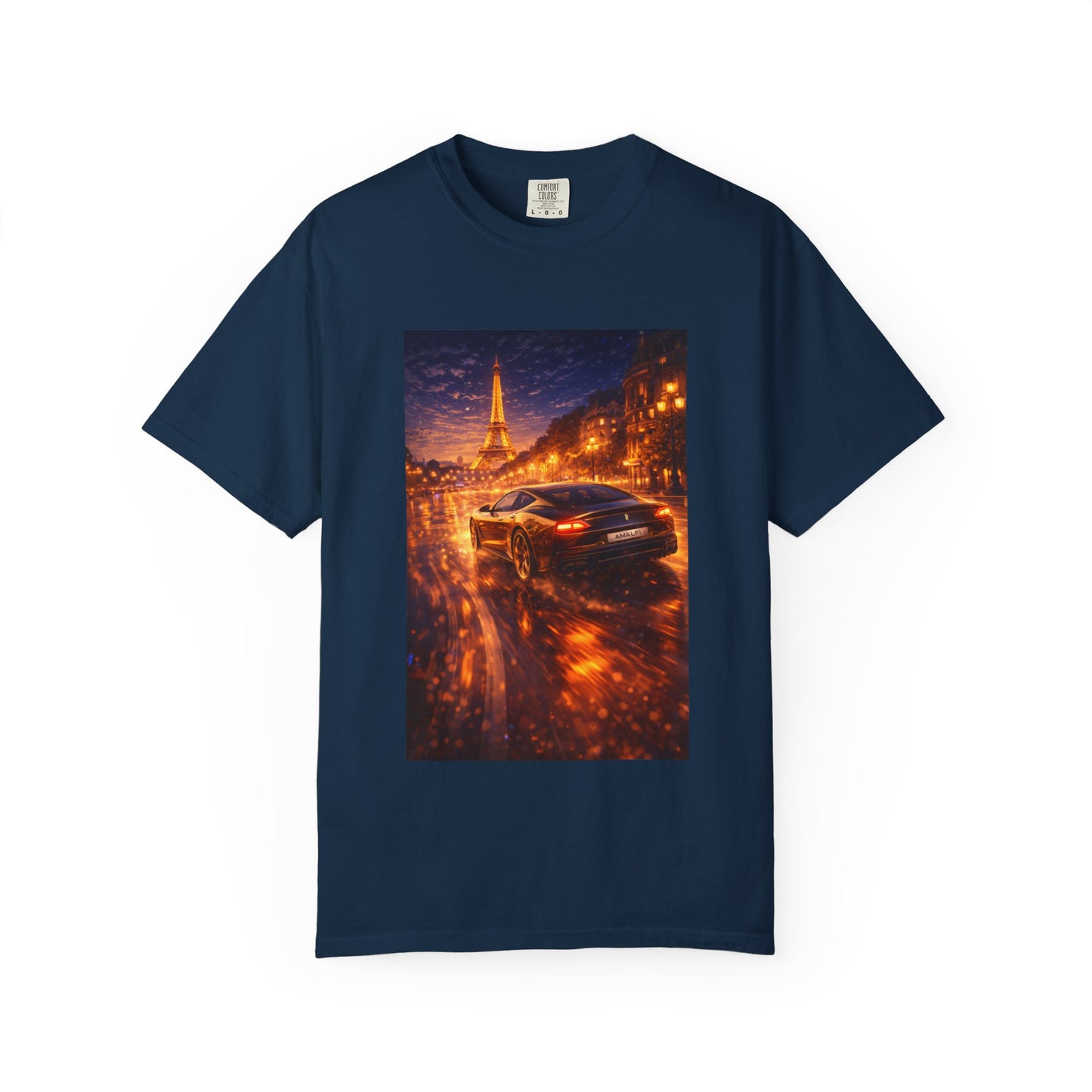Paris Night Drive T-Shirt — Sports Car in Rainy Cityscape