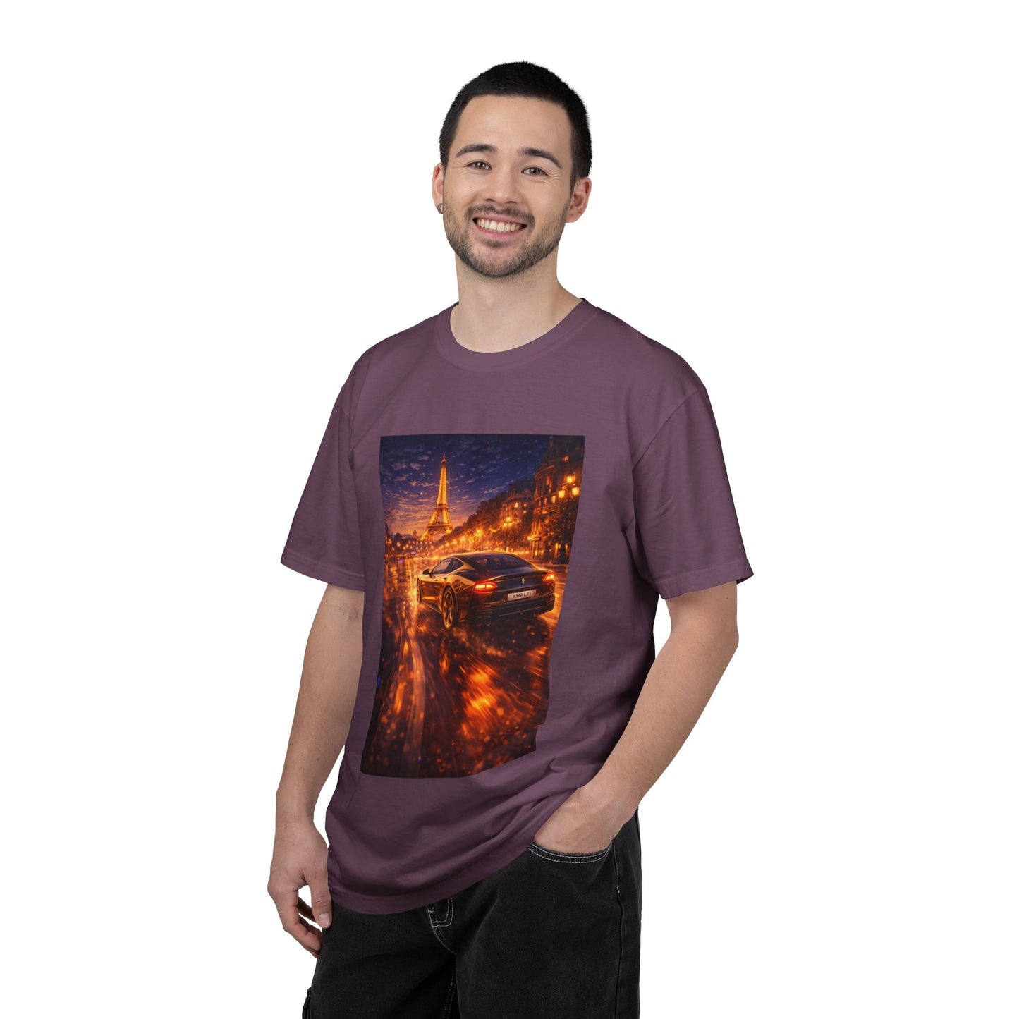 Paris Night Drive T-Shirt — Sports Car in Rainy Cityscape