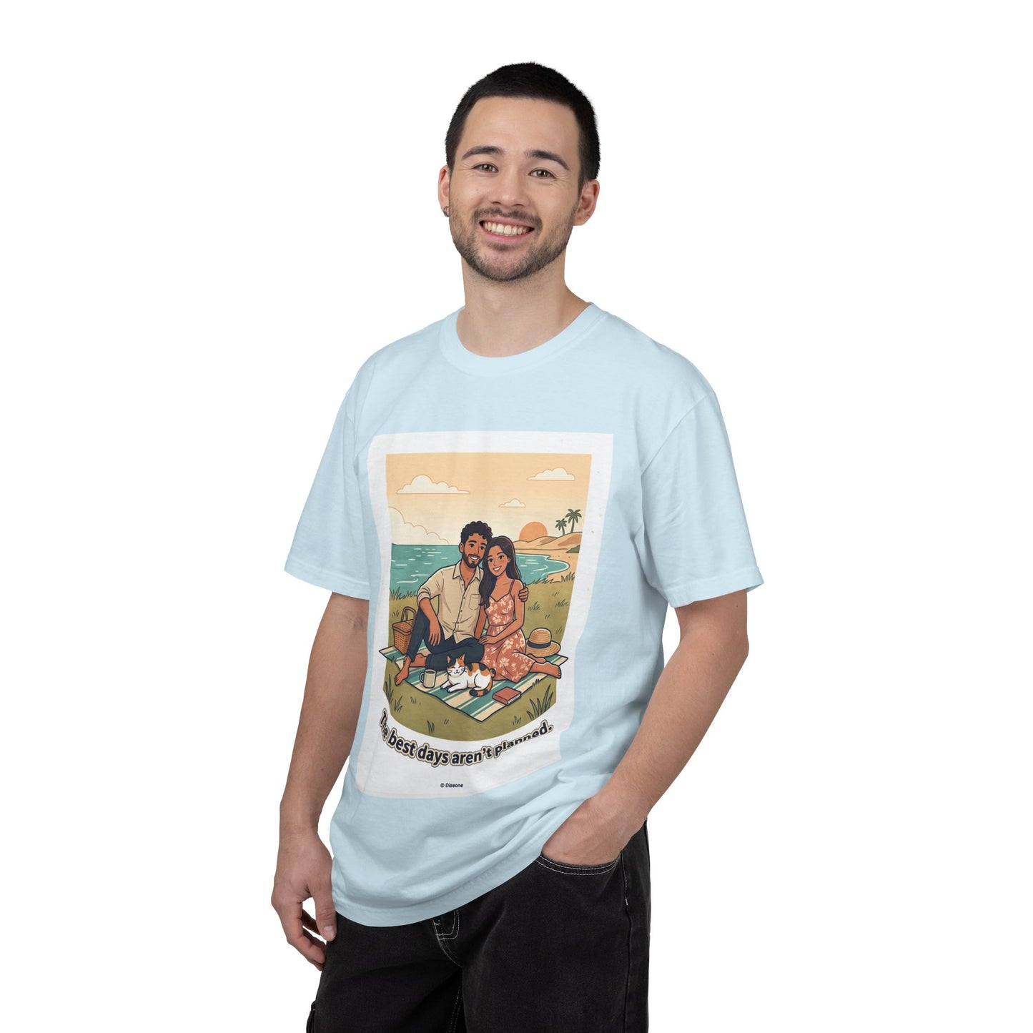 Beach Picnic Couple T‑Shirt — “The best days aren’t planned.” Relaxed Vacation Tee