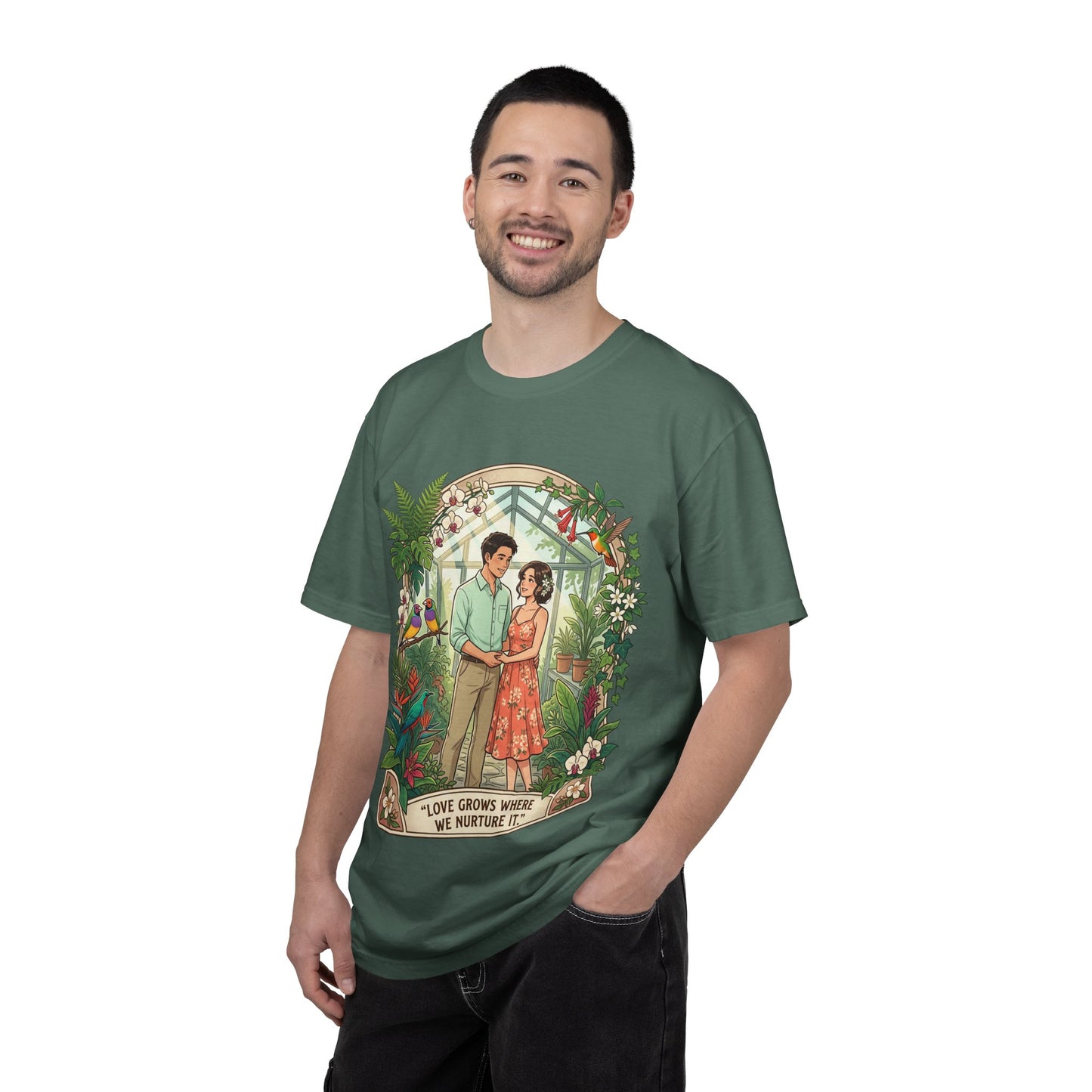 Romantic Greenhouse Couples T-Shirt — “Love Grows Where We Nurture It”