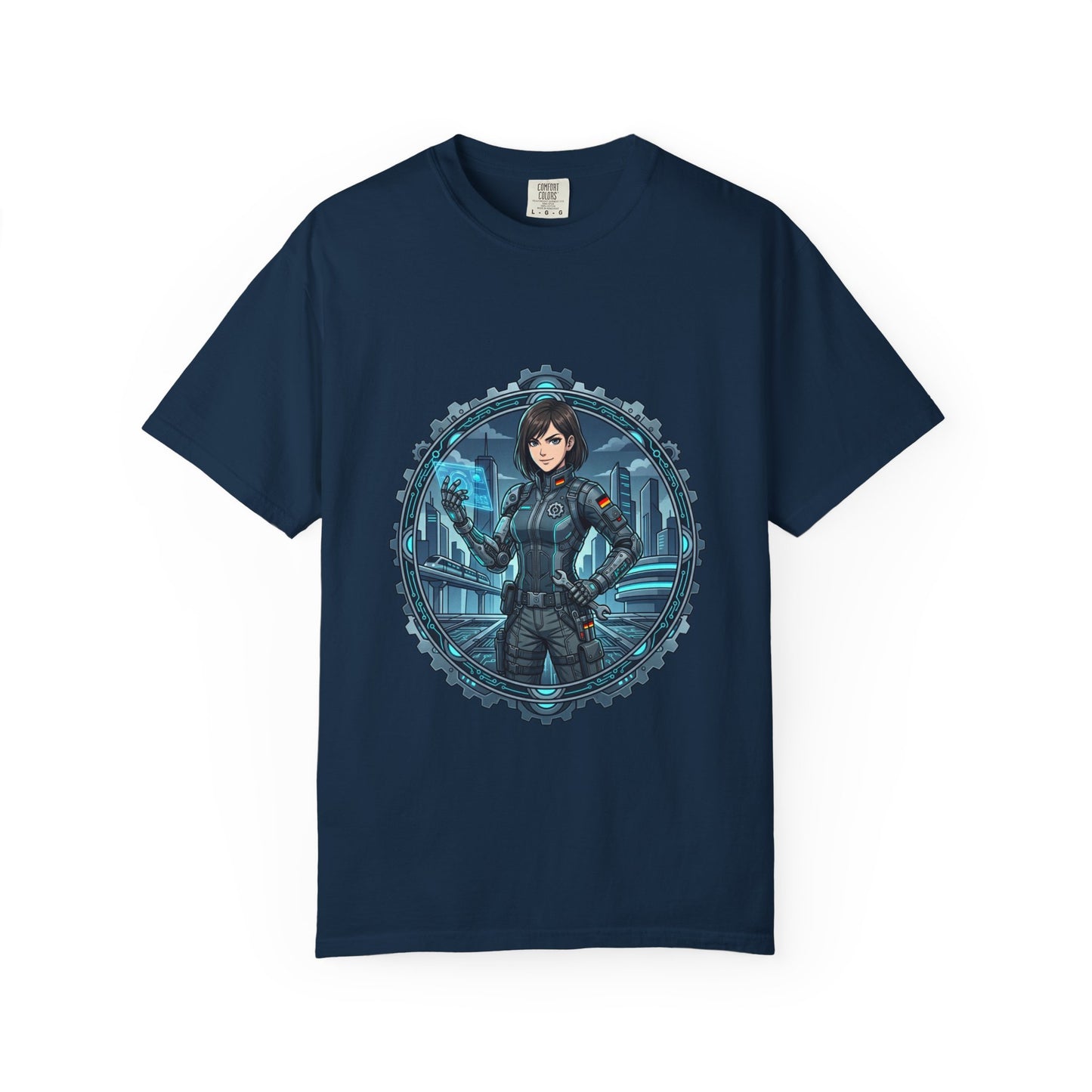 Cyber Ninja Graphic T-Shirt — Futuristic Female Warrior Illustration