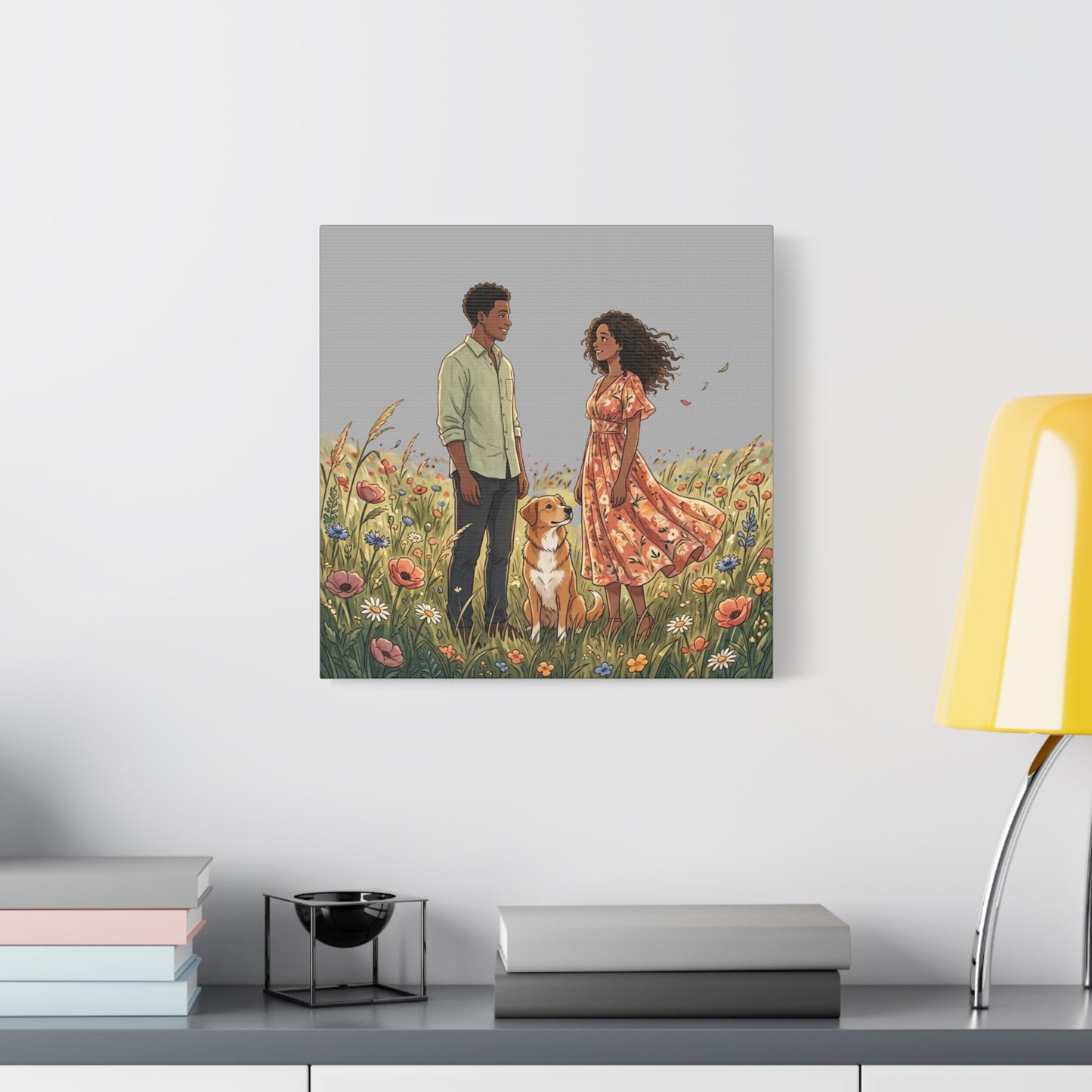 Romantic Couple in Wildflower Field Canvas Art — Black Love Wall Decor with Dog