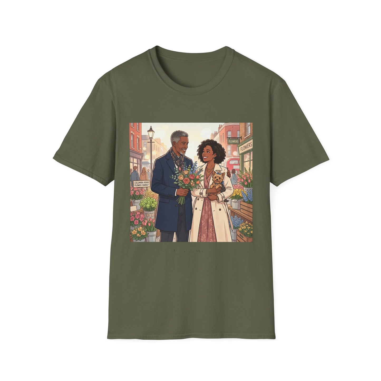 Romantic City Stroll T-Shirt — Couple Bouquet Illustration