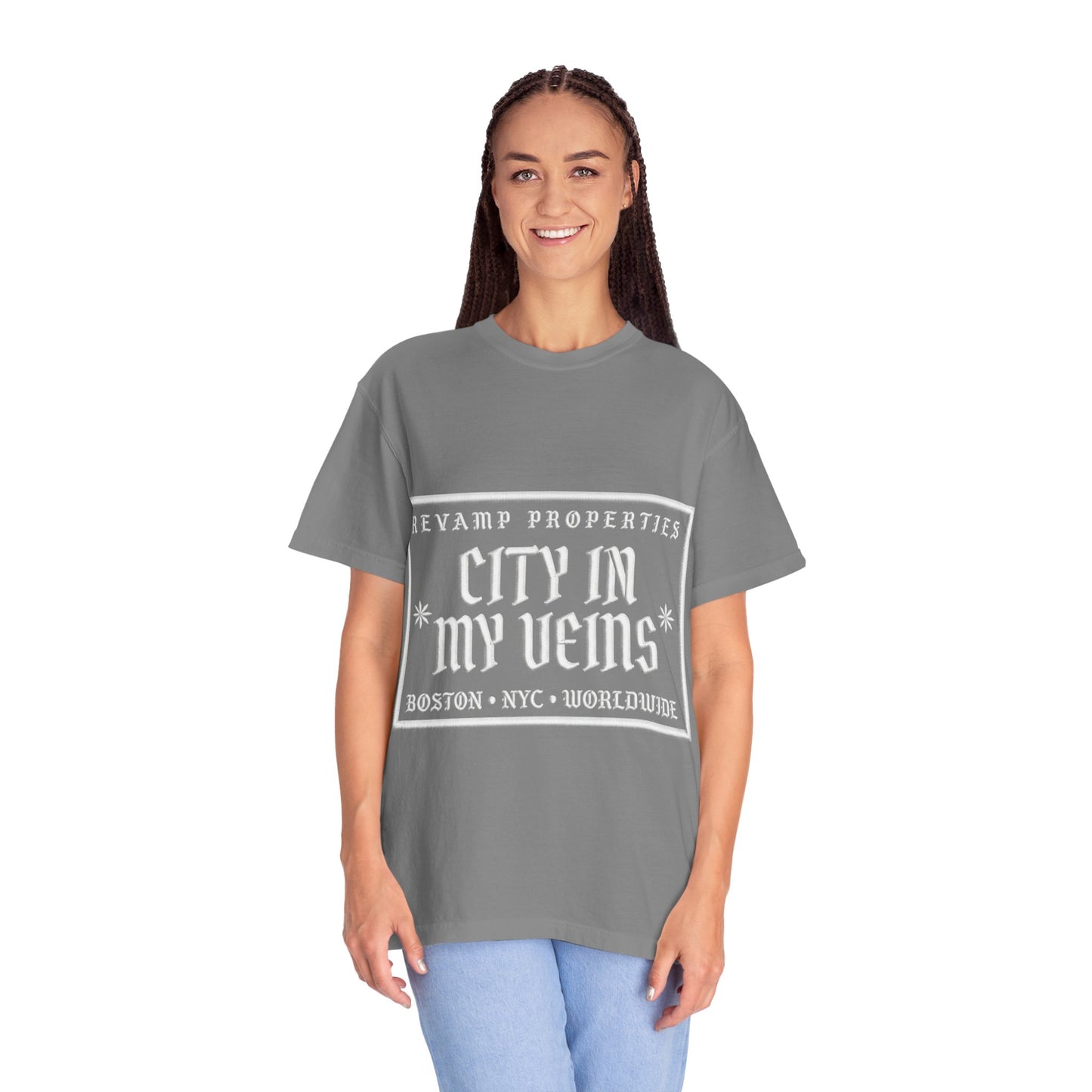 City In My Veins T‑Shirt — Vintage Cityscape Tee (Boston • NYC • Manchester)